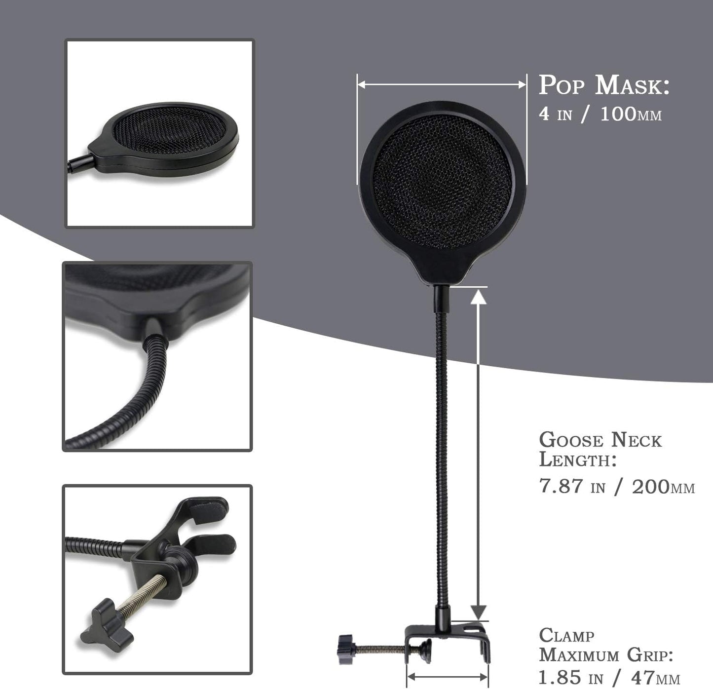 YOUSHARES Pop Filter - 4 Inch 3 Layers Metal Windscreen with Flexible 360° Gooseneck Clip Mic Mask Shield Compatible with Shure MV7 Mic
