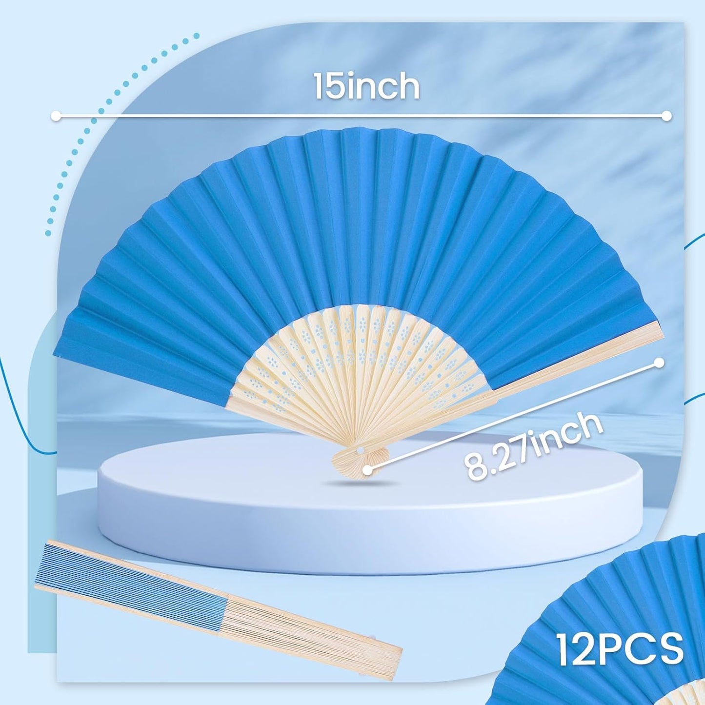 JOHOUSE 12Pcs Blue Paper Folding Hand Fans, 8.3 Inch Handheld Portable Decorative Fans for Wedding, Outdoor Party Favors, Baby Shower Decorations DIY Crafts Photography Prop