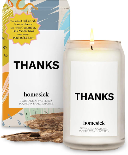 Homesick Scented Candles for Home (Thanks) - 13.75 oz Long-Lasting Soy Wax Blend Jar Candle Gifts for Women for All Occasions, 60-80 Hours Burn Time - Notes of Cucumber, Lemon & Patchouli