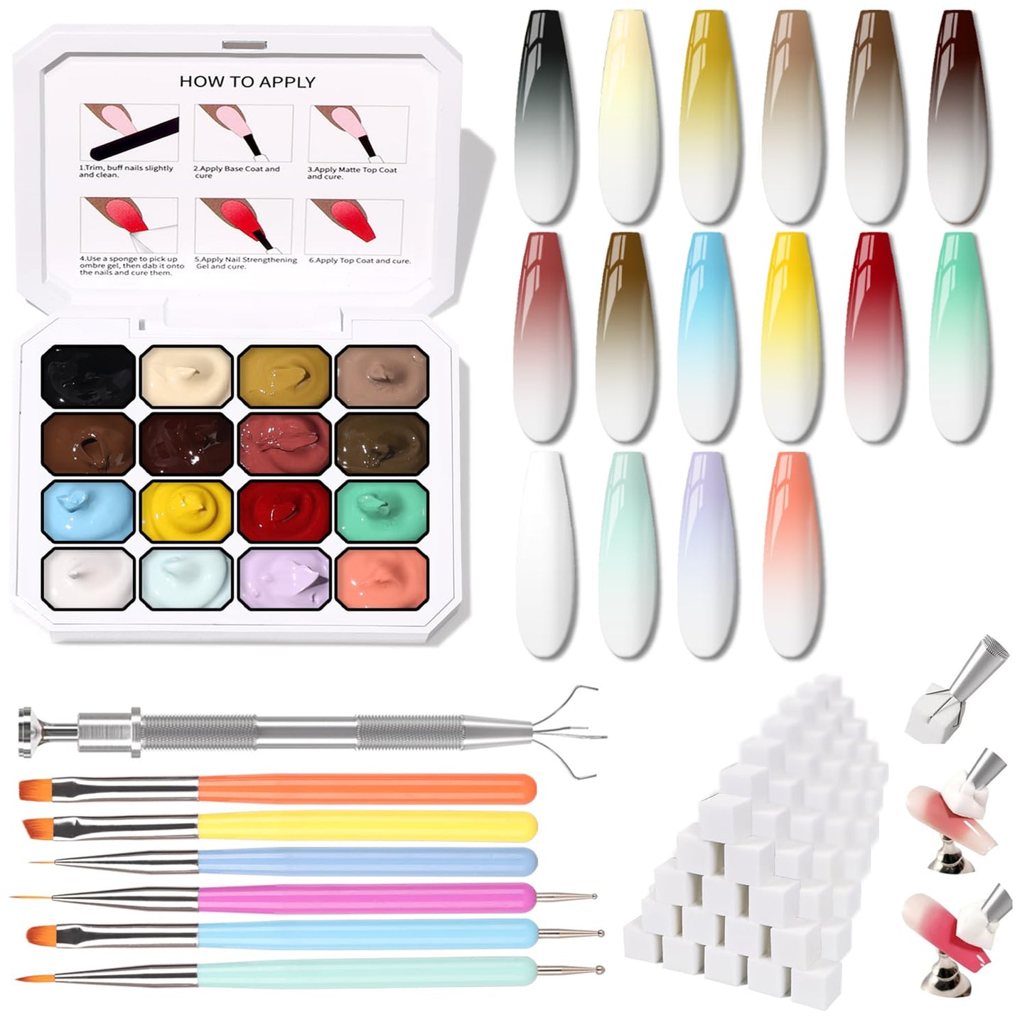 Sponge Pat Paint Nail Gel, Ombre Nails Gradient Gel Nail Blush Blooming Aura Nails Drawing Stripper Floral Painting DIY Nail Art, No Wipe, UV/LED Curing (16 Colors H)