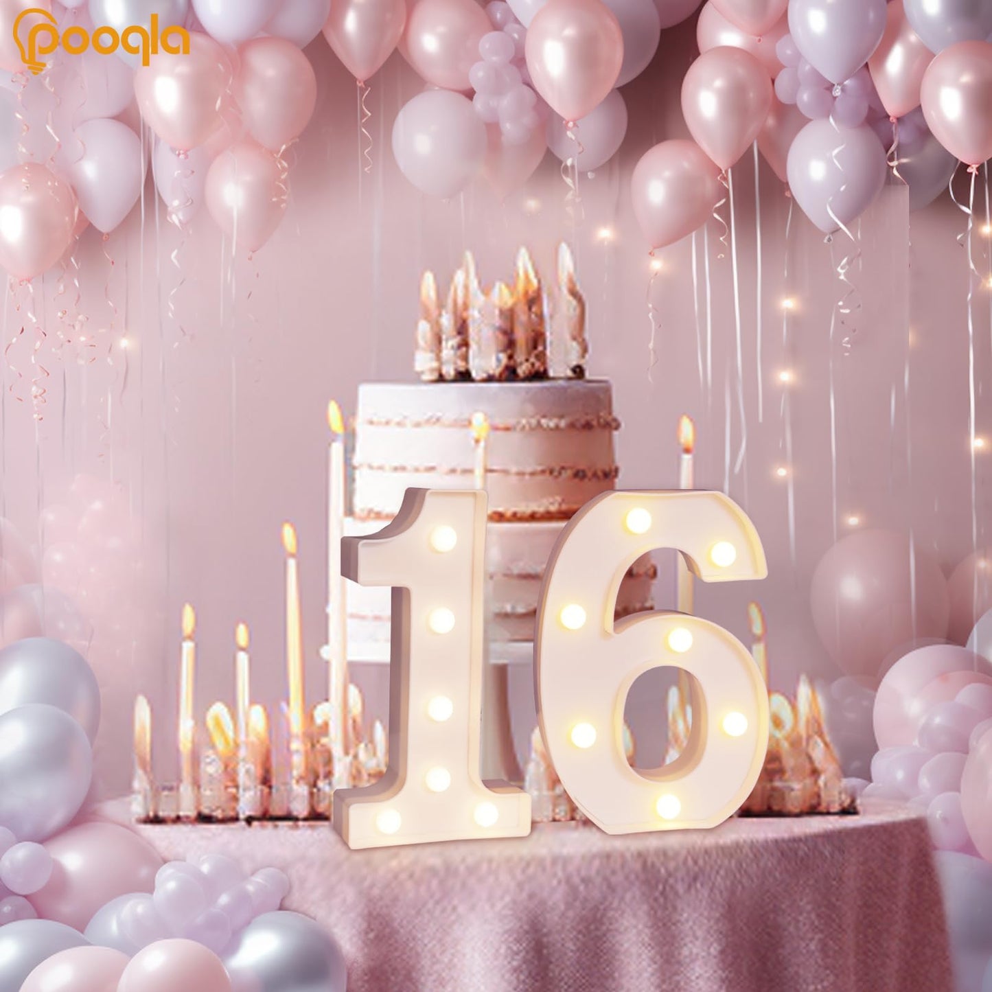 Pooqla Decorative Led Light Up Number Letters, White Plastic Marquee Number Lights Sign 16th