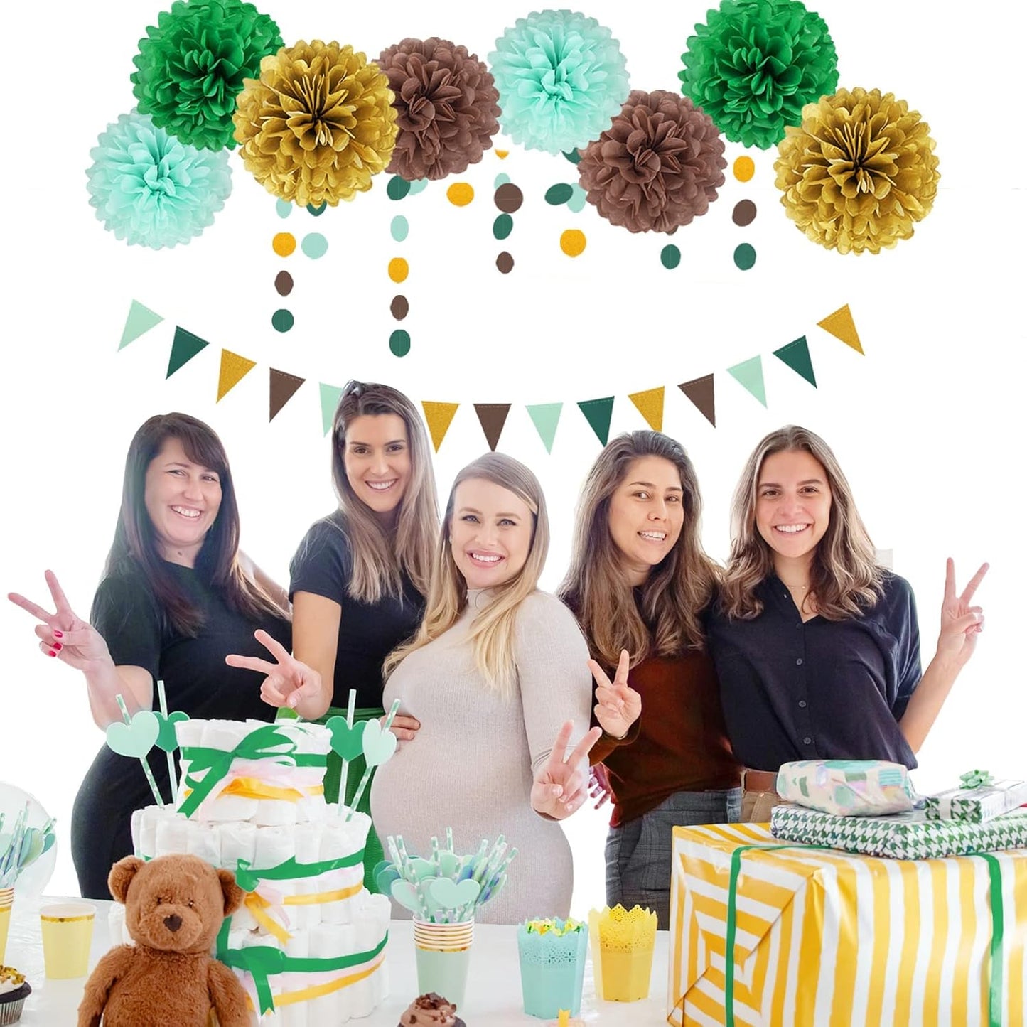 Sage Green Gold Party Decorations - 30pcs Hanging Decoration Birthday Party Tissue Paper Flowers Wedding Pennant Banner Neutral Baby Shower Circle Dots Garland Engagement Tassel Bridal Shower Decor