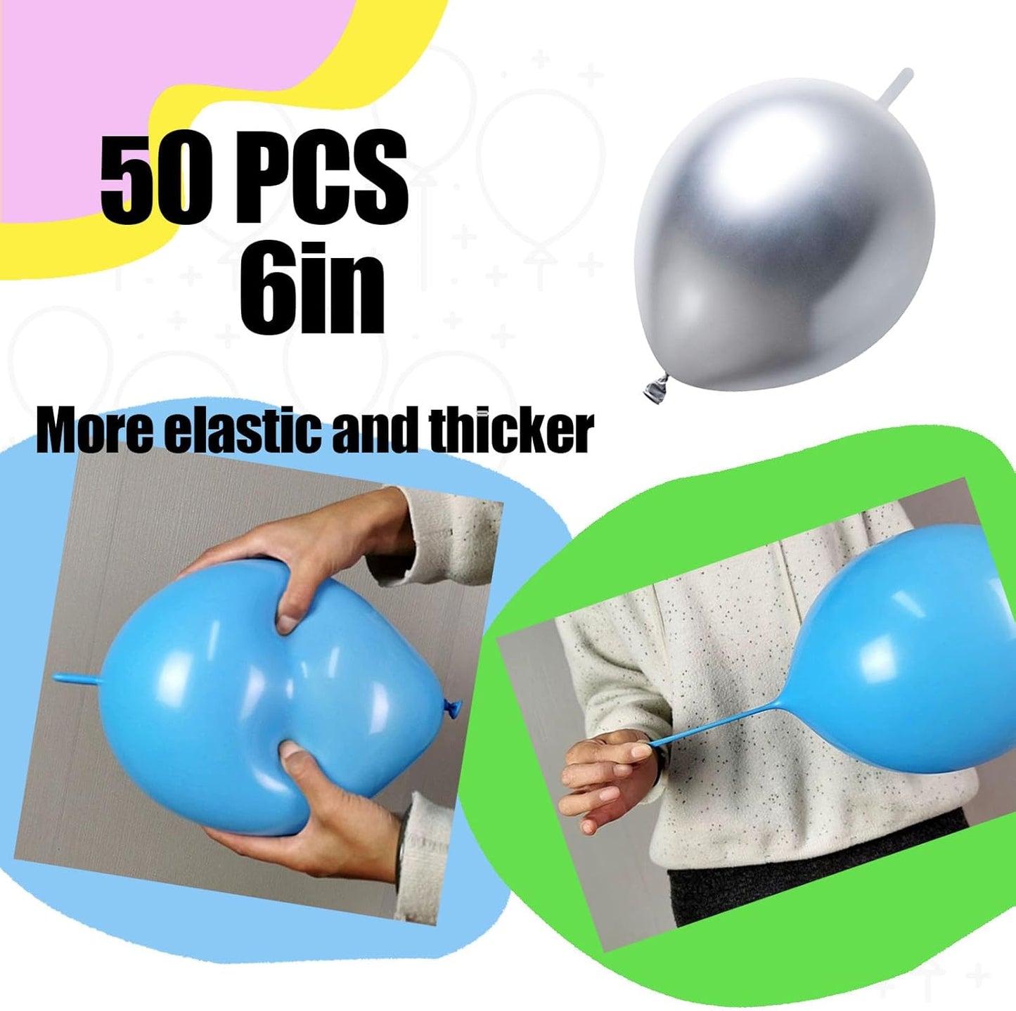 50 Pcs Quick Link Balloons Silver Metallic 6 inch, Latex Linking Balloons for Balloon Wall/Arches/Chains, Birthday Party Wedding Anniversary Graduation Arch Party Decor (silver)