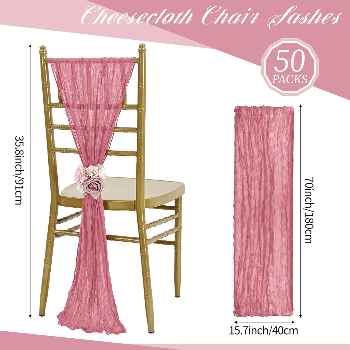 50 PCS Cheesecloth Chair Sashes, Bows Designed ChairSashes, 15.7x70 inch Chair Sashes for Aisle Decorations Universal Chairs Cover Decoration for Wedding Reception Party Banquet (Dusty Rose)