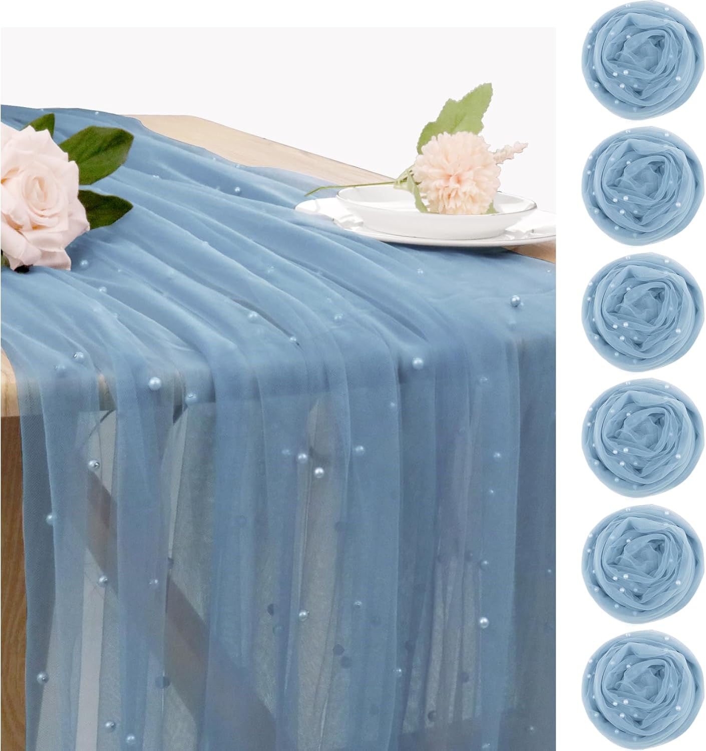 Set of 6 Pearl Table Runner 29 x 120 Inch Dusty Blue Tulle Fabric Lace Table Runners Boho Rustic Table Runners for Bridal Shower Birthday Party Wedding Arch Aisle Veil Dessert Table Decor(Dusty Blue)