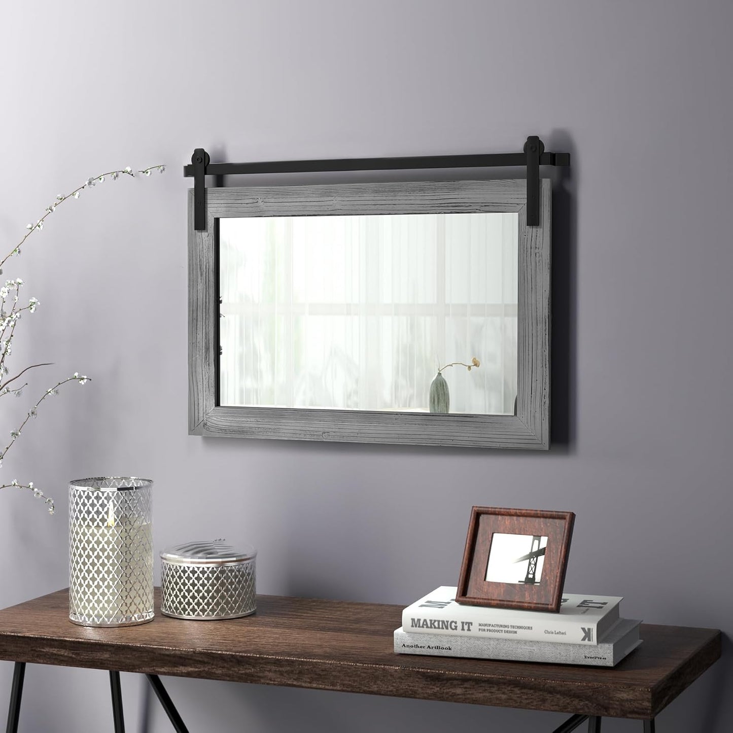 COGOOD Farmhouse Barn Door Mirror - 25" x 18" Rustic Wood Framed Decrative Mirror for Bathroom, Living Room, Entryway Wall Decor (Grey)