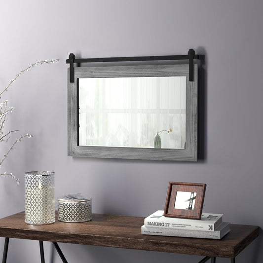 COGOOD Farmhouse Barn Door Mirror - 25" x 18" Rustic Wood Framed Decrative Mirror for Bathroom, Living Room, Entryway Wall Decor (Grey)