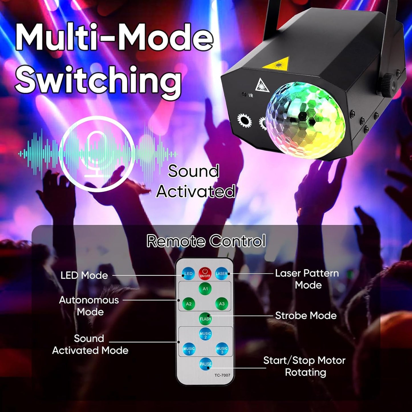 Party Lights DJ Disco Ball Light: LED Stage Laser Light with Sound Activated Remote 72 Patterns - RGB Strobe Lighting Projector for Parties Club Floor Bar Rave Christmas