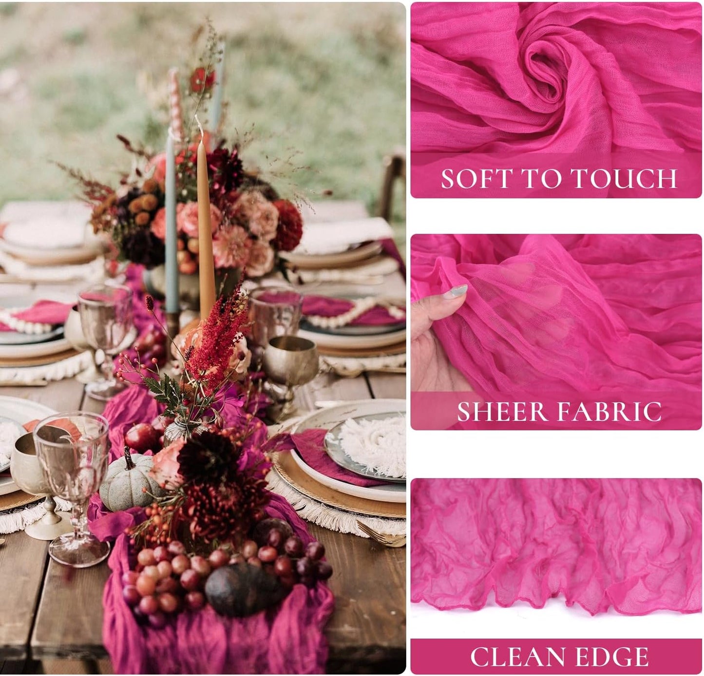 6 Pack Hot Pink Cheesecloth Table Runner Summer Sheer Fuschia Cheese Cloth Table Runner Boho Gauze 120 Inches Summer Table Decorations for Weddings Bridal Baby Shower Birthday Parties