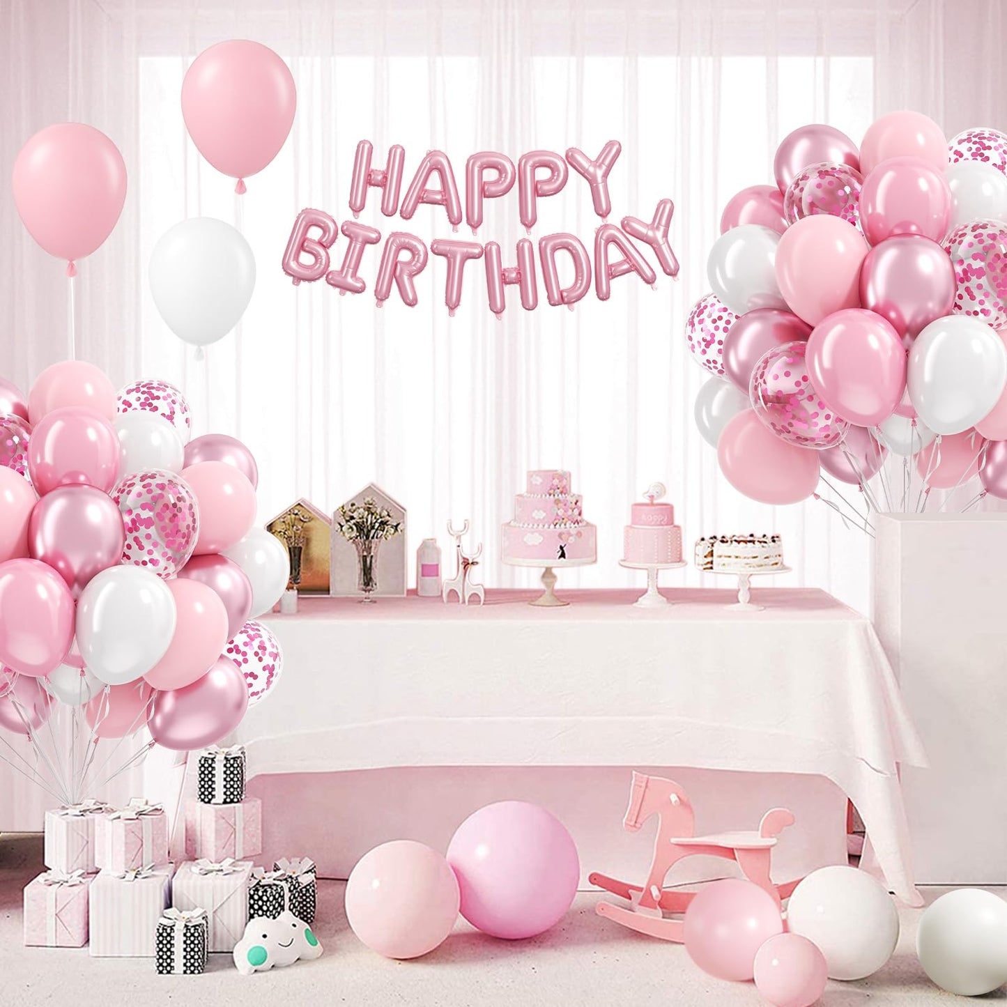 12inch Light Pink and White Balloons with Pearl Baby Pink Confetti Balloons
