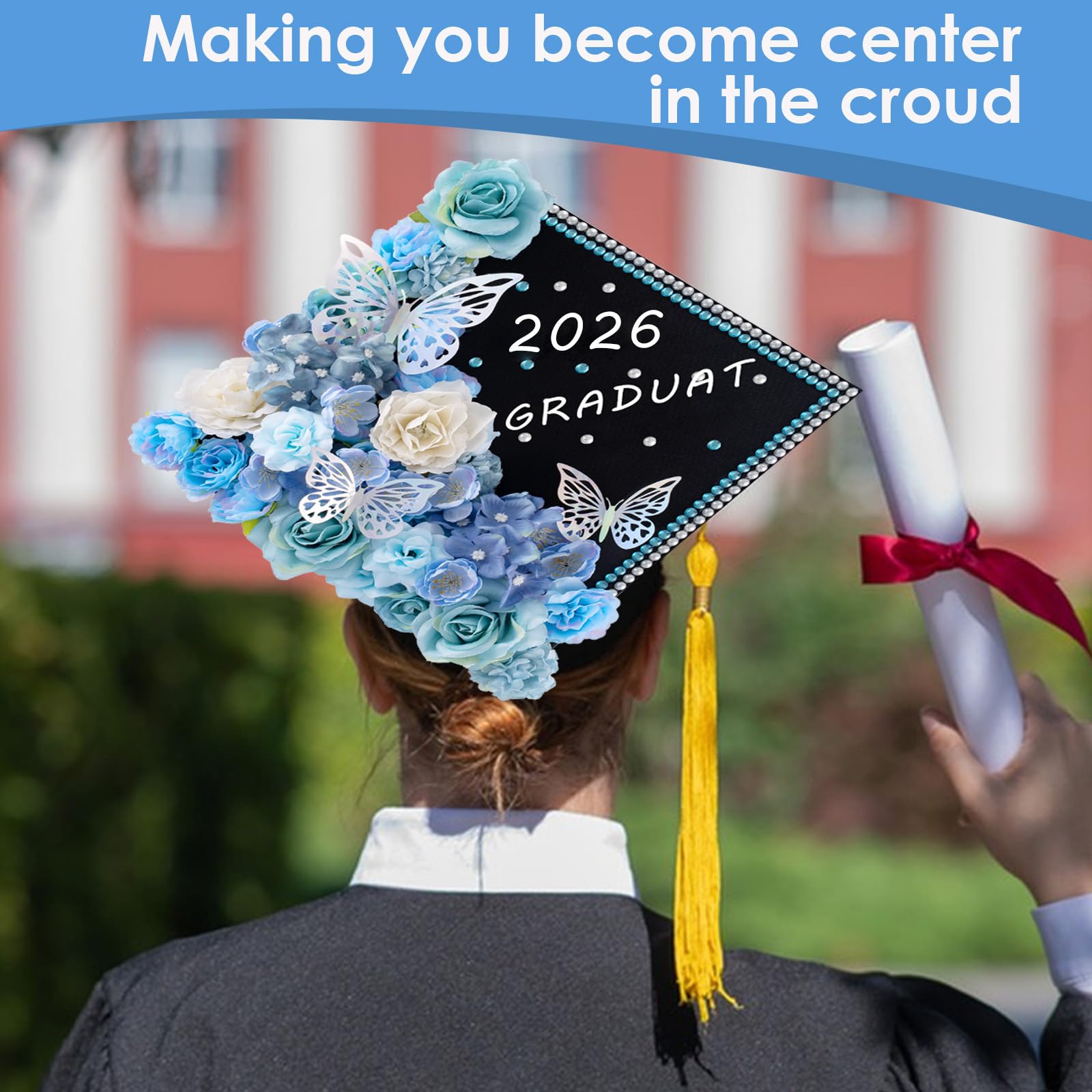 60 PCS Graduation Cap Decorations Kit 2026 with 3D Butterflies & Flowers
