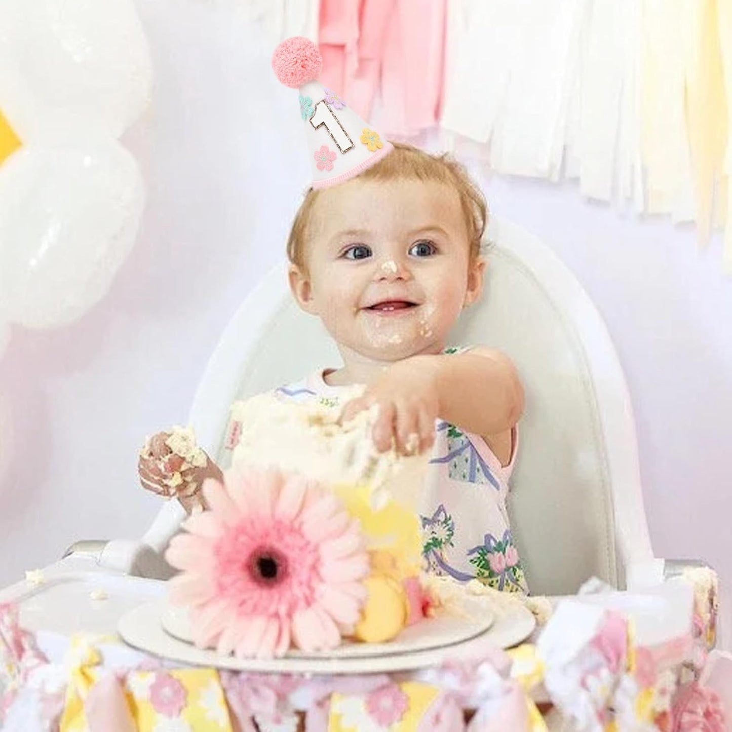 WAUAO Colorful Flower 1st Birthday Cone Hat for Girls - Cute & Adorable Floral Crown, First Birthday Decorations