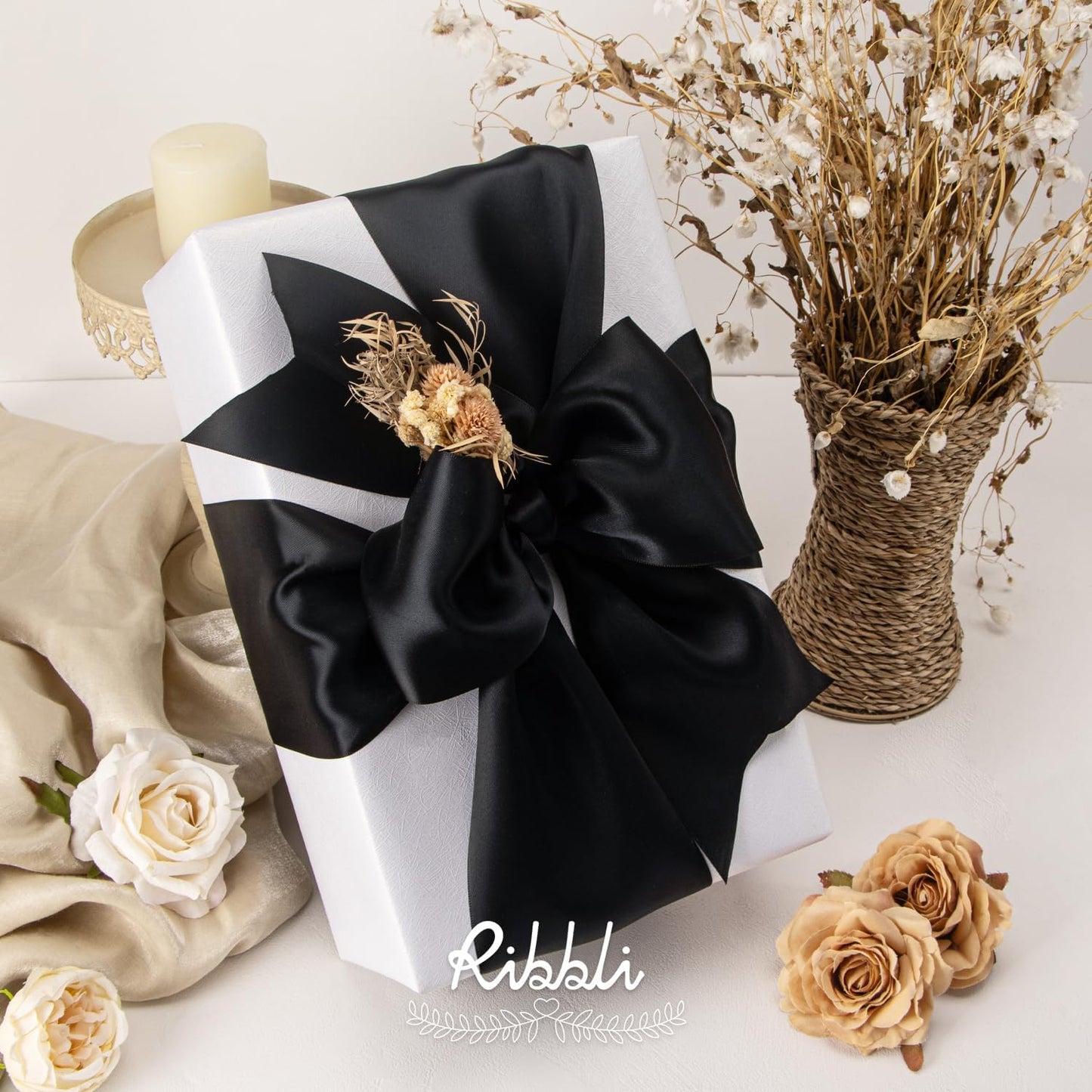 Ribbli Black Satin Ribbon 4 Inch Wide Black Ribbon for Wedding Chair Sash Grand Opening Ceremony Big Bows Gift Wrapping Floral Crafts Cake Decor-Double Faced Satin Continuous 10 Yards