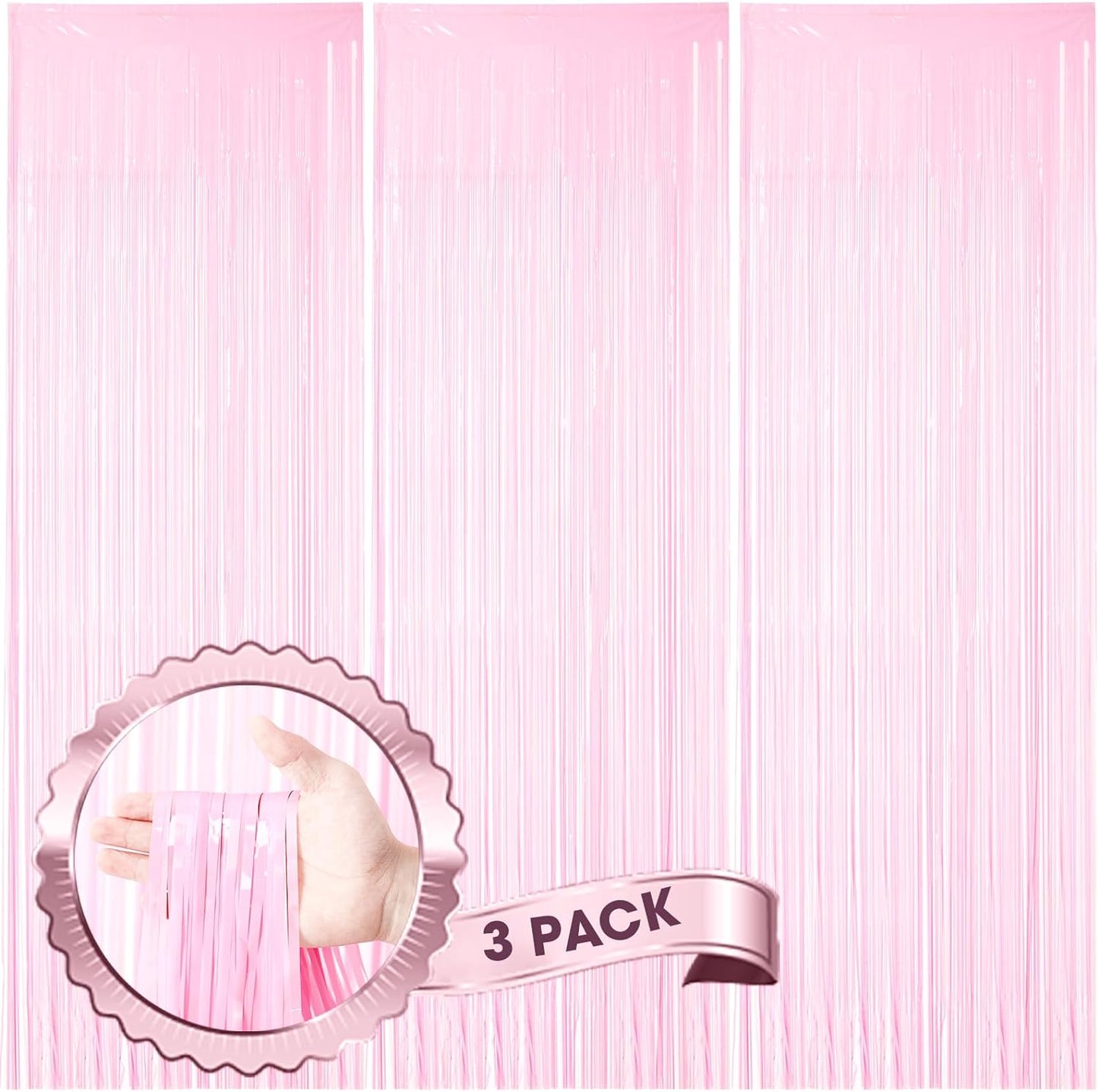 3 Pack 3.3 x 8.2 ft Pasel Pink Foil Fringe Backdrop Curtains, Tinsel Streamers Birthday Party Decorations, Fringe Backdrop for Graduation, Baby Shower, Gender Reveal, Disco Party
