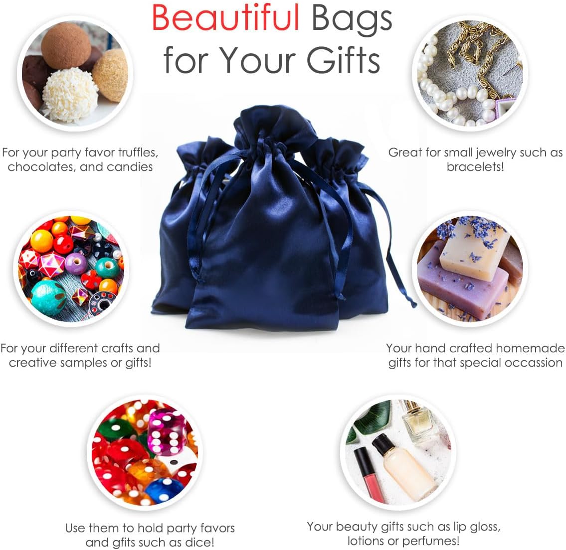 5" x 8" Navy Blue Satin Gift Bags, Jewelry Bags, Wedding Favor Drawstring Baby Shower Christmas 50 per Pack