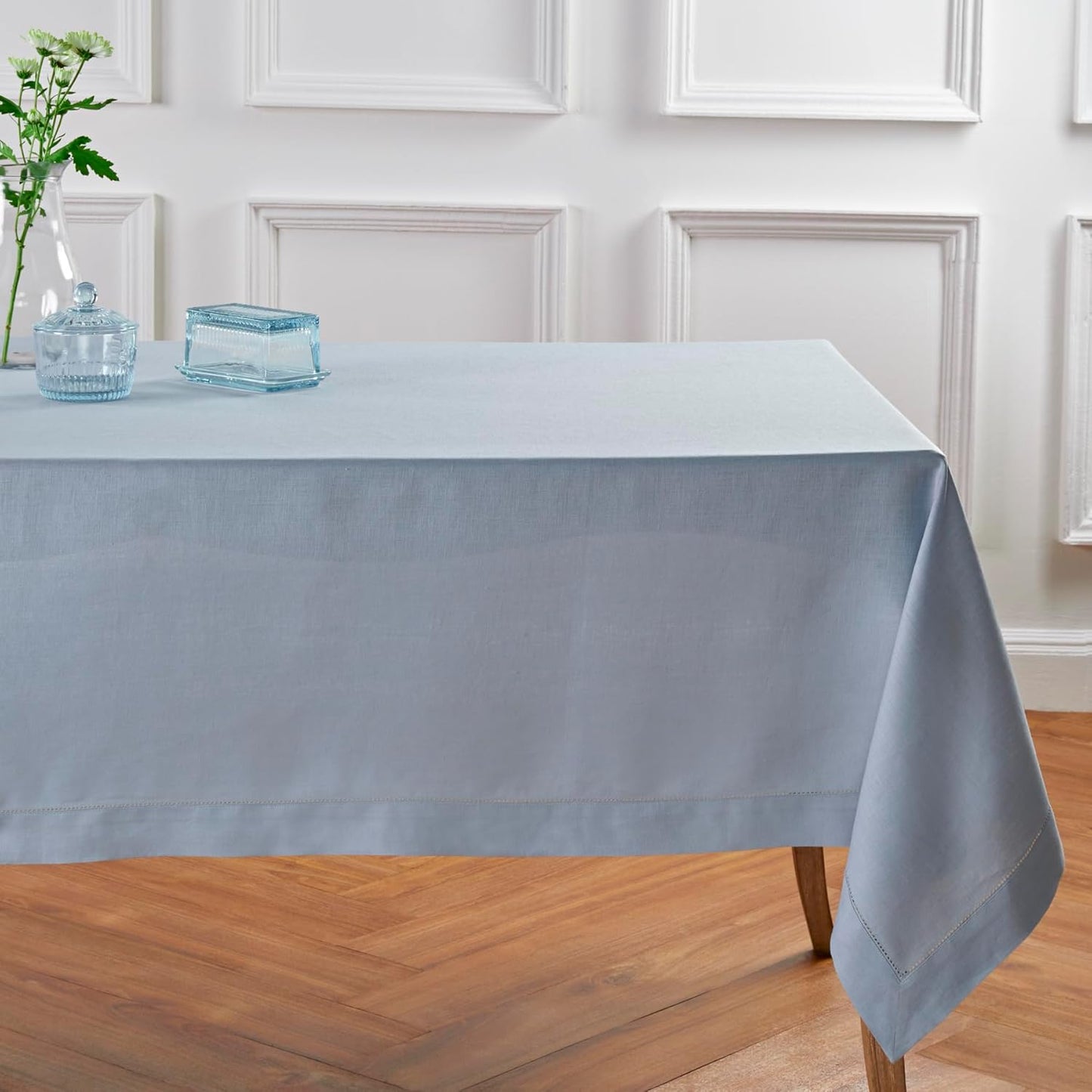 Solino Home Dusty Blue Linen Tablecloth 60 x 108 Inch - 100% Pure Linen Hemstitch Table Cloth for Rectangle Tables - Classic Hemstitch, Machine Washable Tablecloth for Fall, Autumn, Thanksgiving