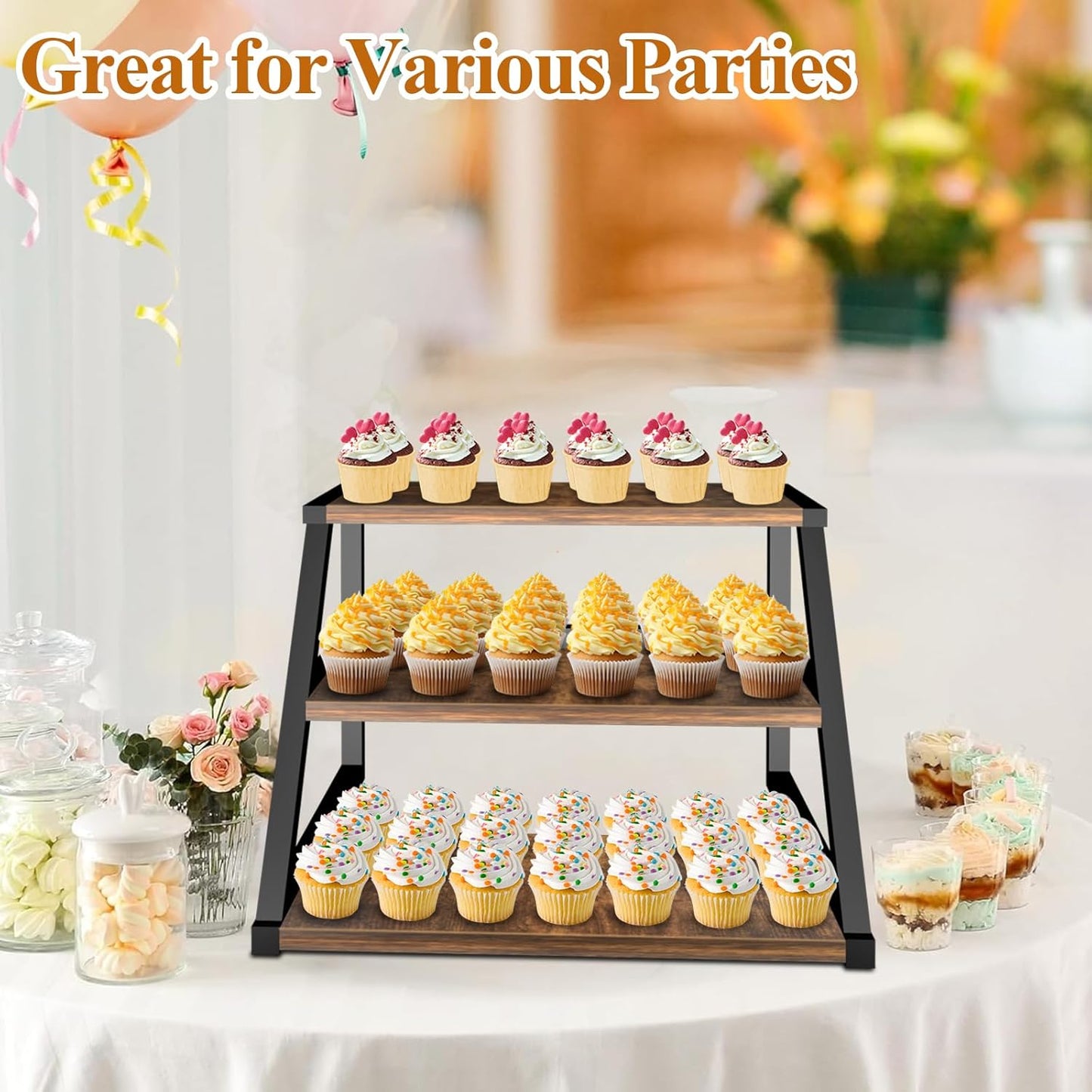 Cupcake Stand, 3 Tier Large Cupcake Stand for 50 Cupcakes Rustic Cupcake Display Stand Square Wood Dessert Table Display Set Cupcake Tower Tiered Tray Stand for Wedding Birthday Graduation Baby Shower