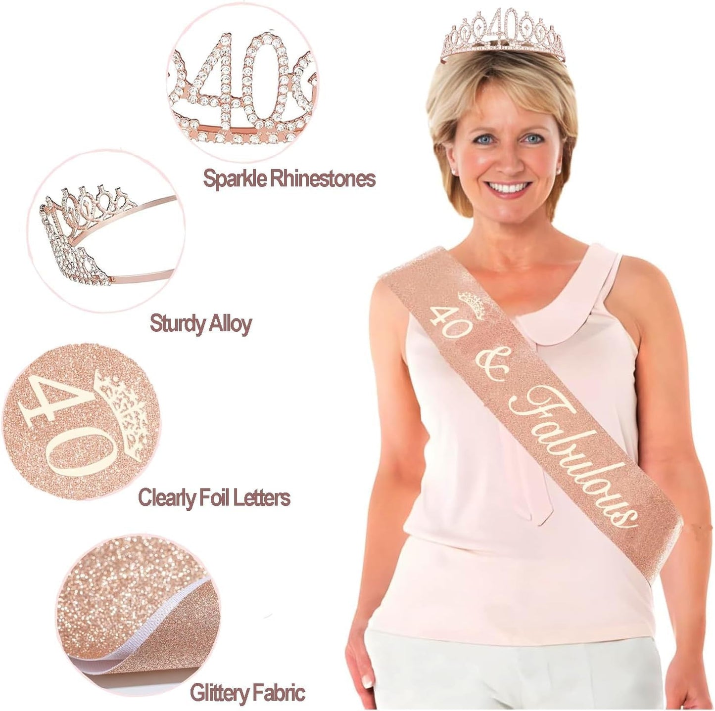 40th Birthday Decorations for Women, Including Crown/Tiara, Sash, Cake Topper and Candles, 40th Birthday Gifts Women