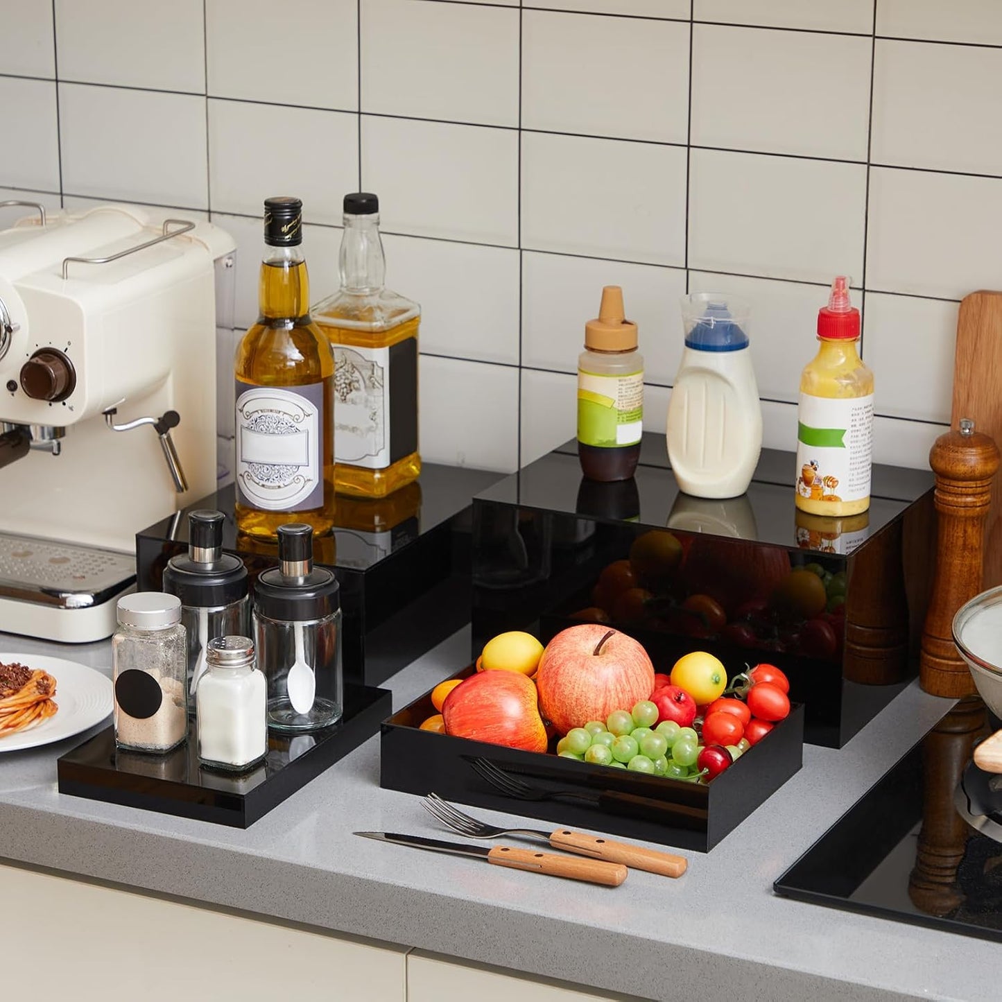 Leinuosen 7 Pcs Large Buffet Risers Set 6" to 12" Acrylic Display Box Catering Dessert Table Riser Food Display Decorative Stand with Hollow Bottom for Catering Supplies(Black, Rectangle)