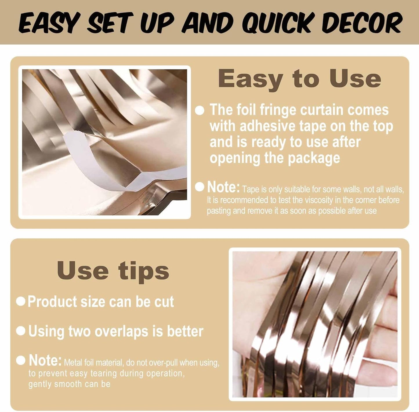 6 Pack Champagne Gold Foil Fringe Curtains Backdrop, 3.28 x 8.2 Ft Metallic Streamers Tinsel Curtains Background for Photo Booth, Birthday, Weddings, Carnivals, Graduation, Themed Party Decorations