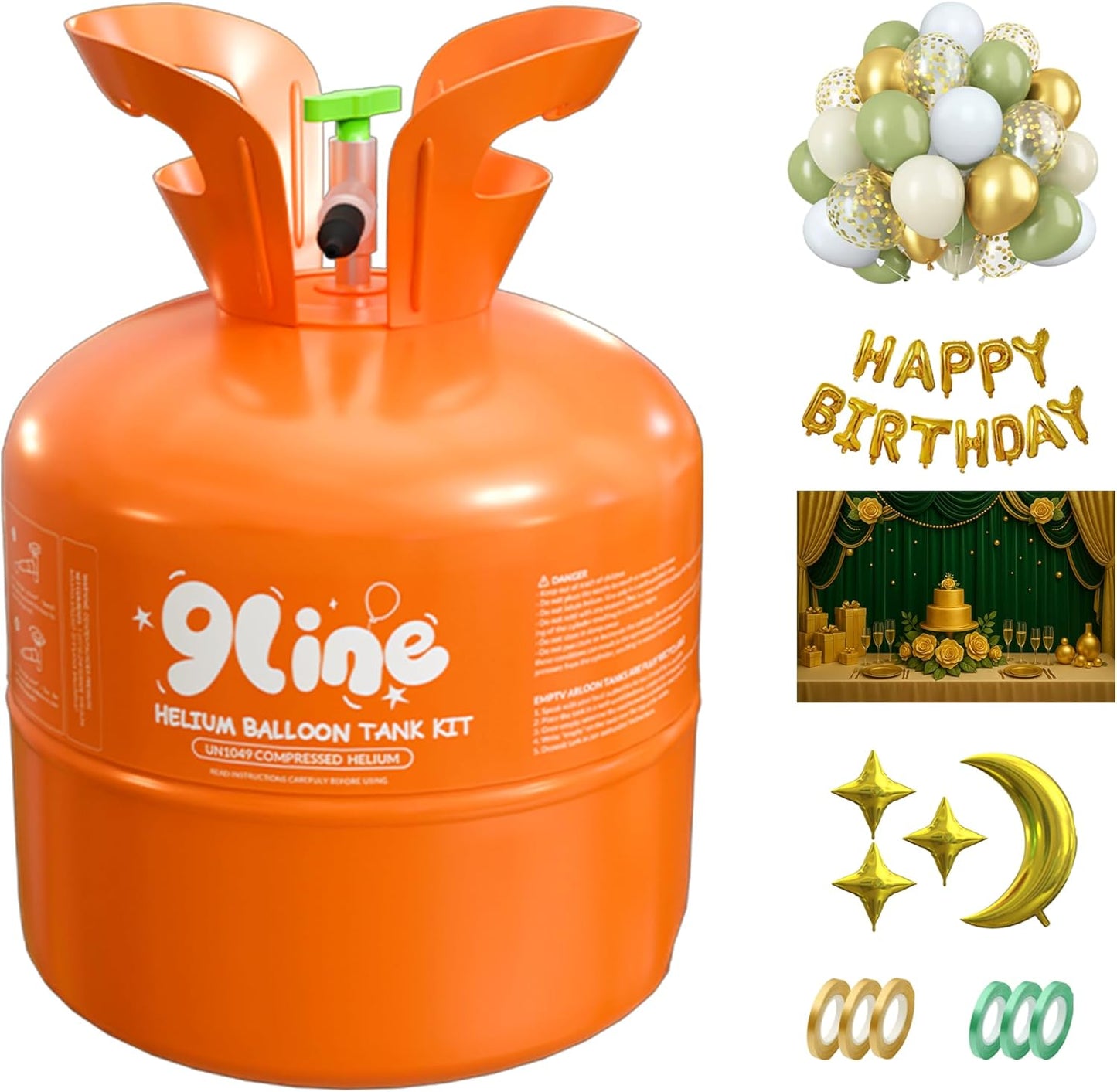 9Line 13L Helium Tank Up To 50 Latex Balloons,Helium Tank For Balloons At Home,50 12-Inch Avocado Green Latex Balloons, 17 Foil Balloons, 1 5.9X3.6Ft Backdrop, 8 Accessory Tools