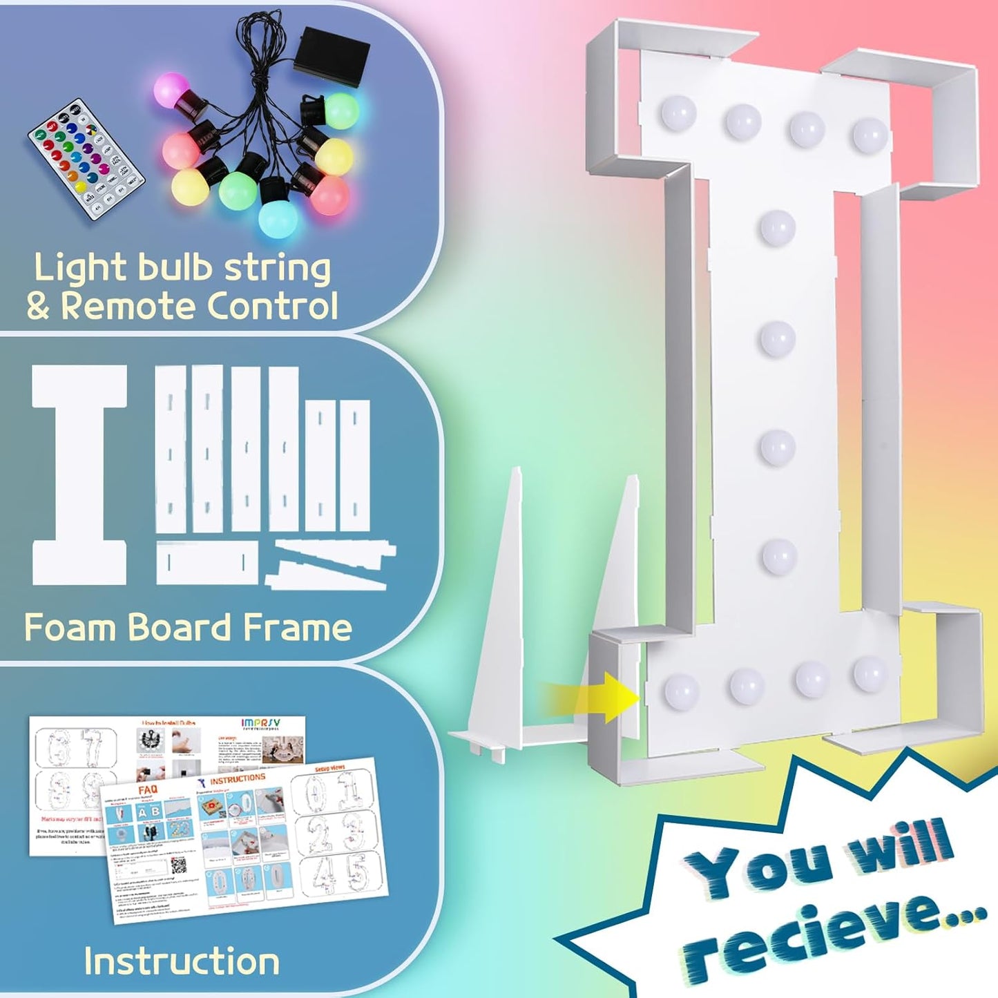 imprsv 4FT Colorful Marquee Light Up Letters I, 18 Colors Large Light up Letters Alphabet Sign with Remote, Large Marry Me Sign, Birthday Party Decorations Baby Shower Anniversary Wedding Decoration