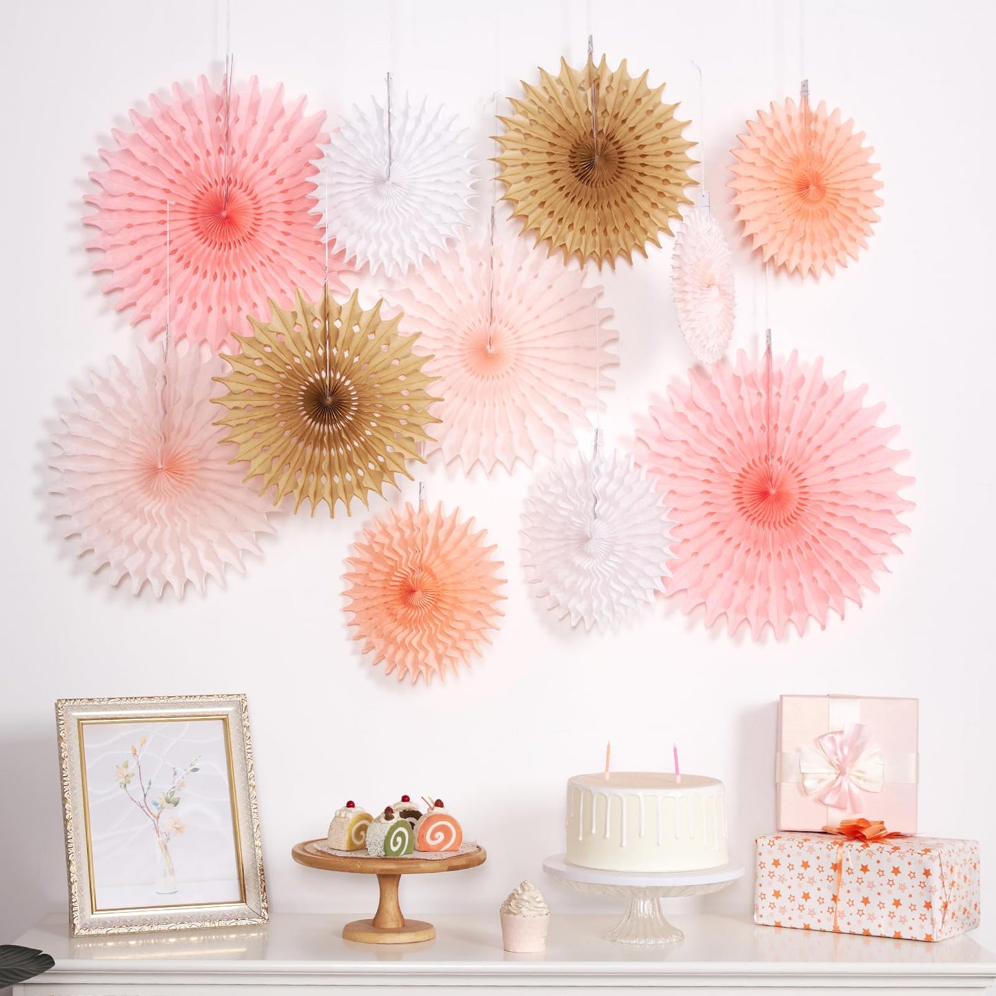 SUNBEAUTY 11Pcs Soft Pink Paper Fans Party Decorations for Wall, Reusable Large Spring Summer