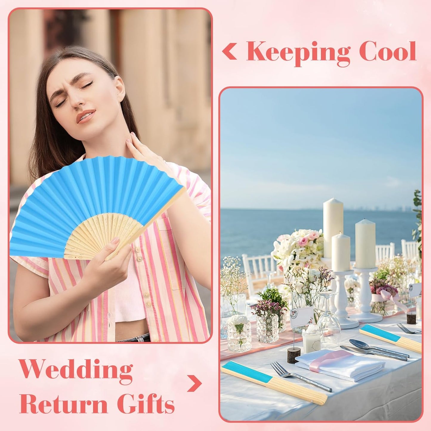 12 Pieces Blue Hand Held Bamboo Folding Fans Paper Fans Handheld for Women Foldable Girls Wedding DIY Decoration Church Home Party Favors Summer