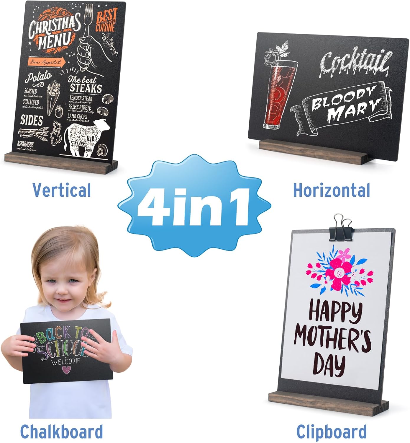 ONUPGO Mini Chalkboard Signs, 6 x 9 Inch Vintage Tabletop Chalk Board Sign with Base Stands - Double Side Mini Menu Boards Small Food Signs for Party Buffet Wedding Bar and Restaurant
