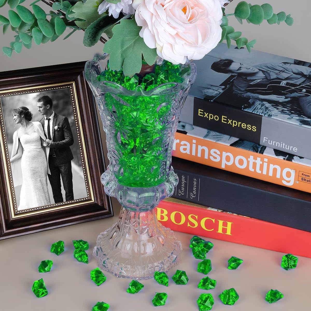 Babenest Acrylic Crushed Ice Rocks, 150 PCS Fake Crystals Plastic Ice Cubes Diamonds Gems for Vase Fillers, Home Decoration, Table Scatter, Event, Wedding, Arts & Crafts (Green)