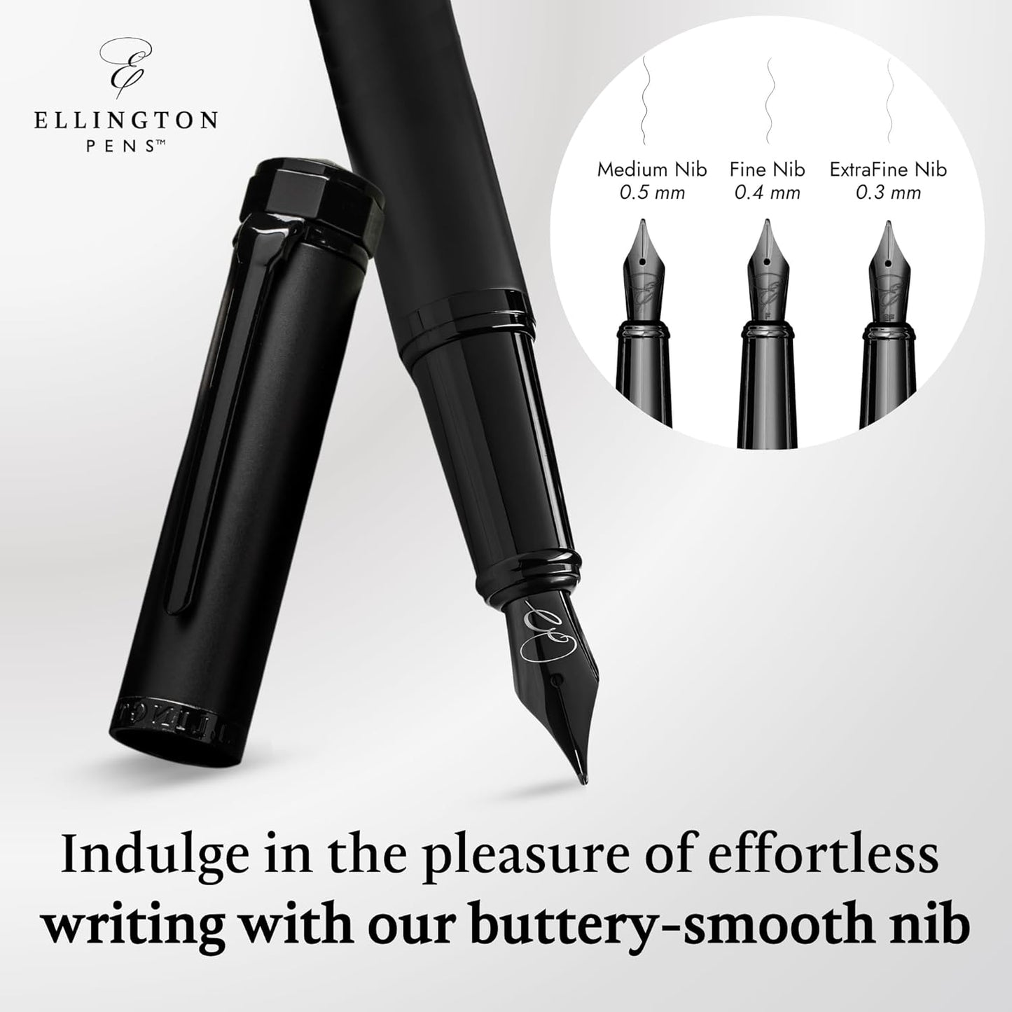 Ellington Pens Luxury Fountain Pen Set - Fountain Pens For Writing - Smooth Fine Nib - Includes Refillable Ink Converter, 3 Ink Cartridges, Gift Box - Calligraphy, Journaling, Sketching (The Stealth)