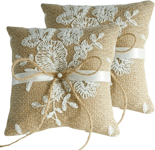 QIRMIZI 2PC Vintage Rustic Burlap Ring Bearer Pillow - Elegant Fall Wedding Décor with Lace, Bow, and Embroidered Flower Ribbon