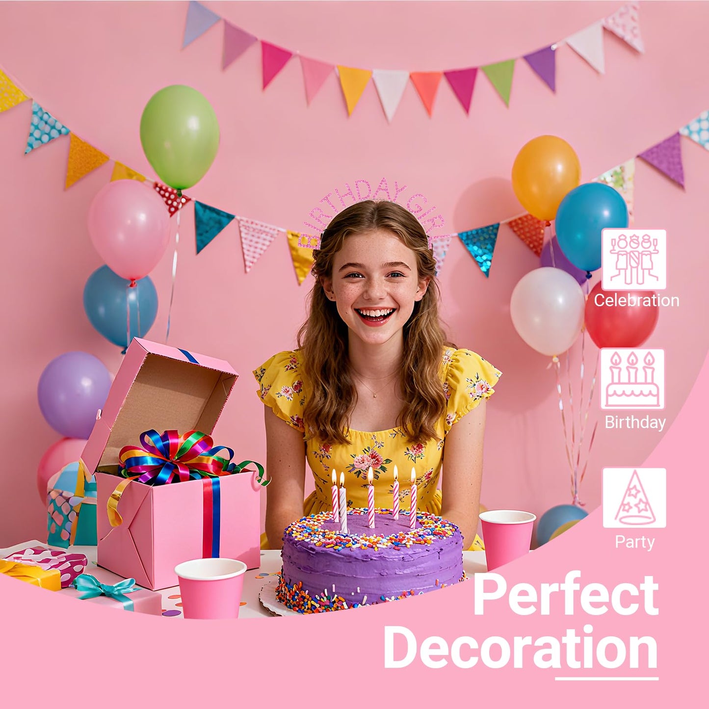 Papoopy Birthday Headband with Sash for Women, Birthday Crown Tiara for Decorations Pink