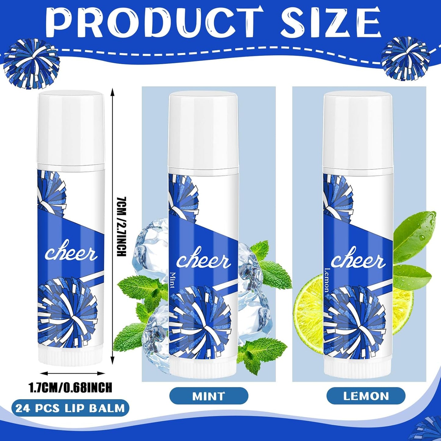 24 Pcs Cheer Lip Balm Cheer Teams Camp Gifts Pom Pom Leaders Party Favors Gear Lip Balm Mom Gift for Competitive Party Guest Supplies(Blue and White)