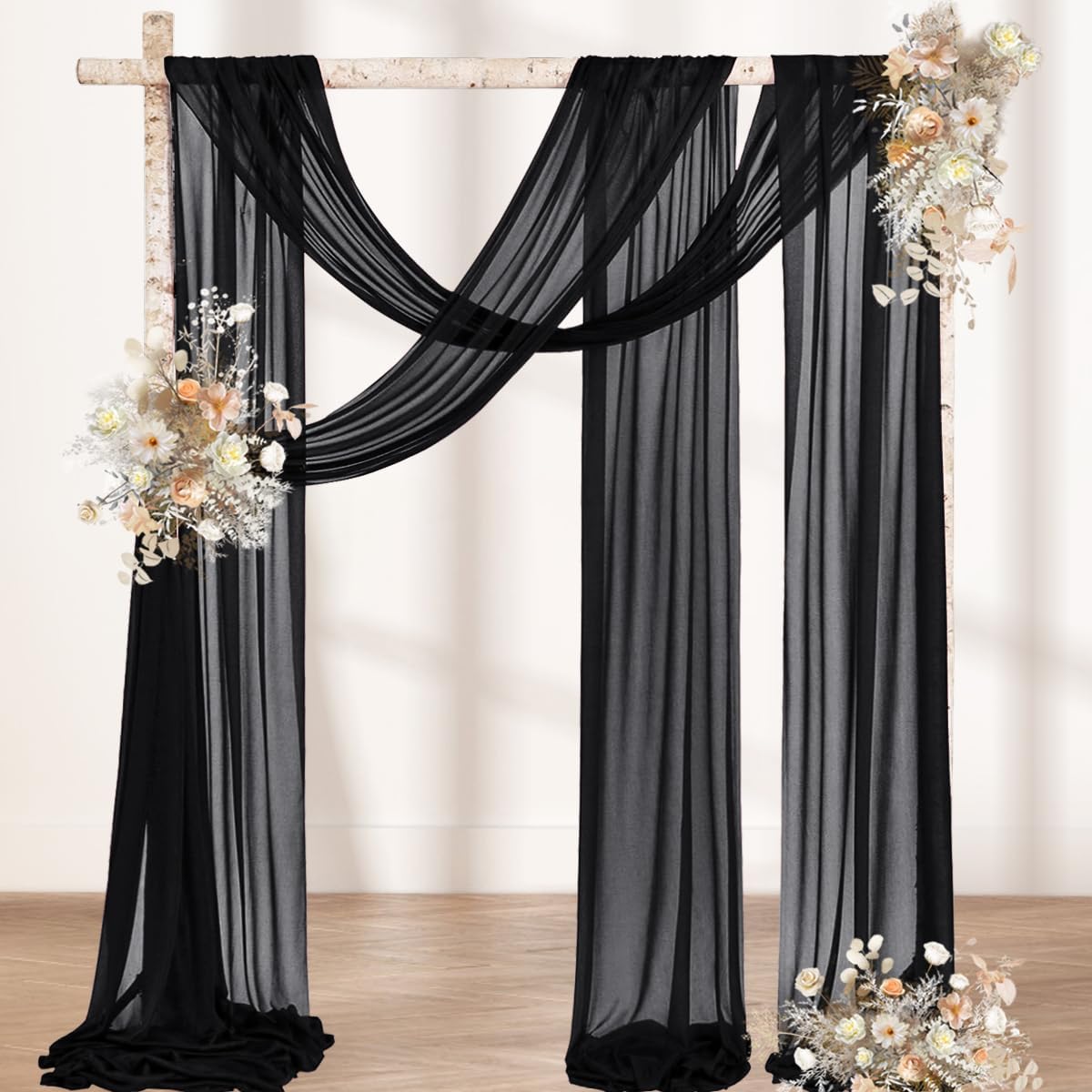 MLMW Wedding Arch Draping Fabric 4 Panels 29" x 20Ft Black Sheer Wedding Arch Backdrop Drapes Outdoor Curtain for Ceremony Party Background Ceiling Decor