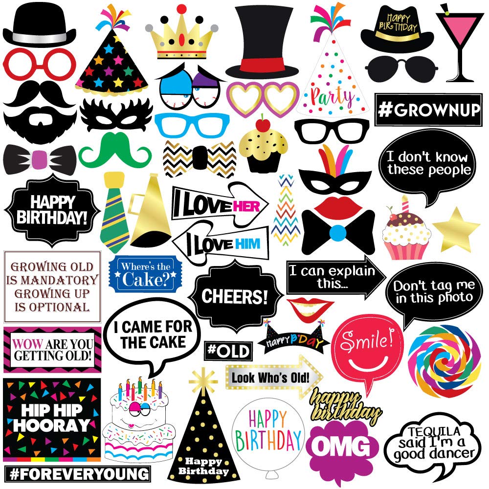Funny Birthday Photo Booth Props - 47 Pieces - Funny Birthday Party Supplies for Him or Her - Photo