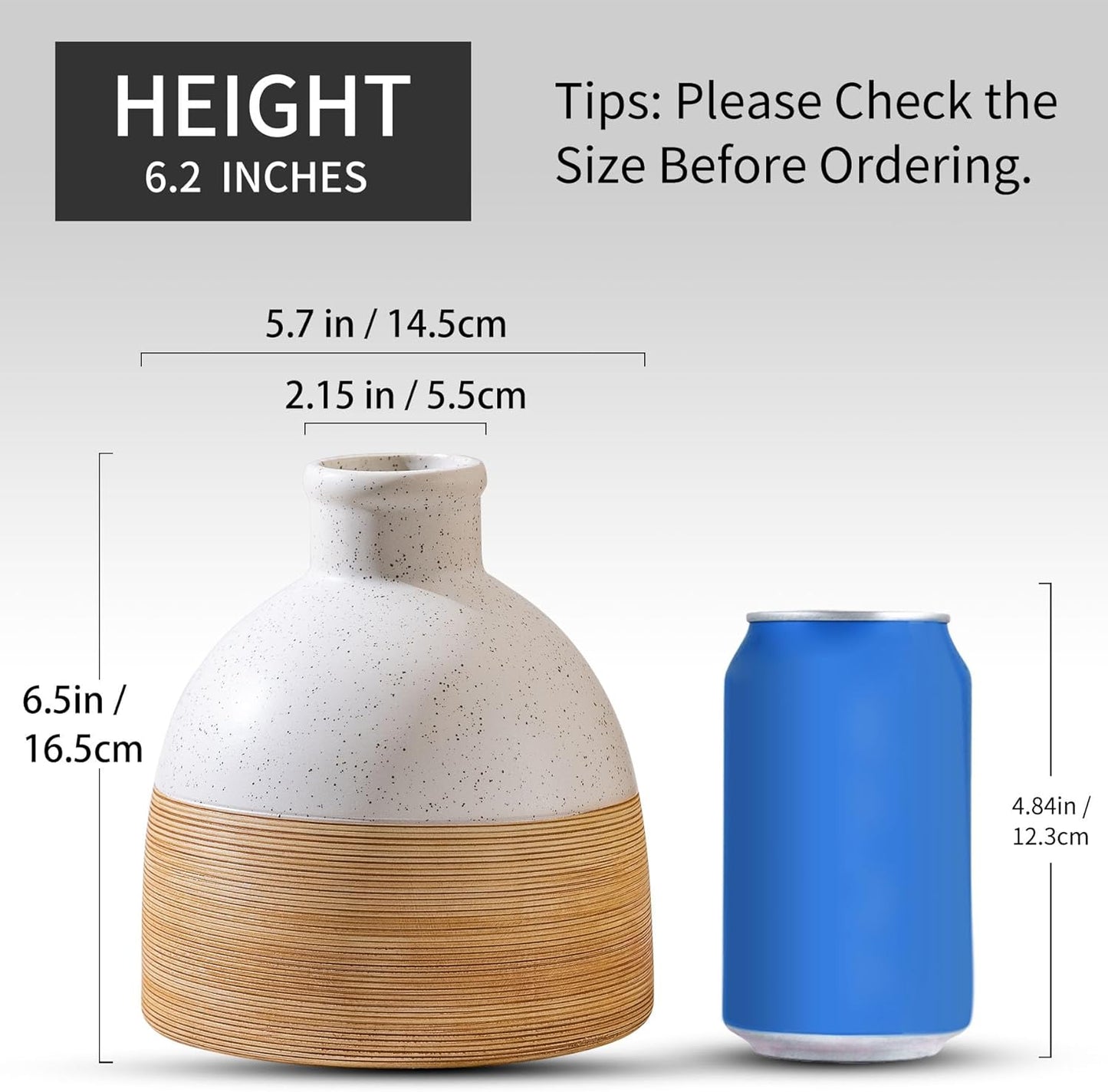 Rustic Farmhouse Flower Round Ceramic Striped Vase, Brown and White Modern Decorative Ceramic Flower Vase for Home Cottage Core Decor, Table, Living Room, Bookshelf Decor, Mantel, Wedding 6.5 Inch