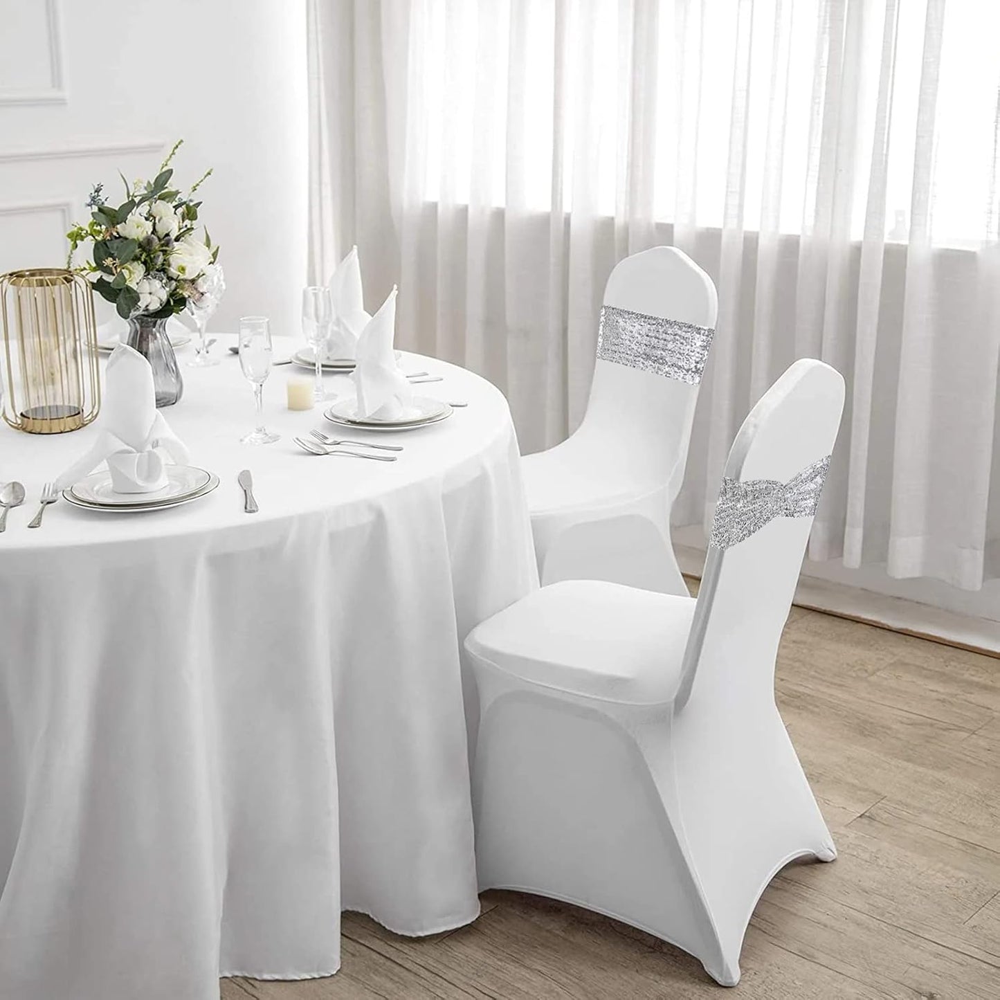 SquarePie Pack of 100 Chair Sashes Bows Sparkly Silver Sequin Chair Bands for Wedding Party Banquet Home Decor