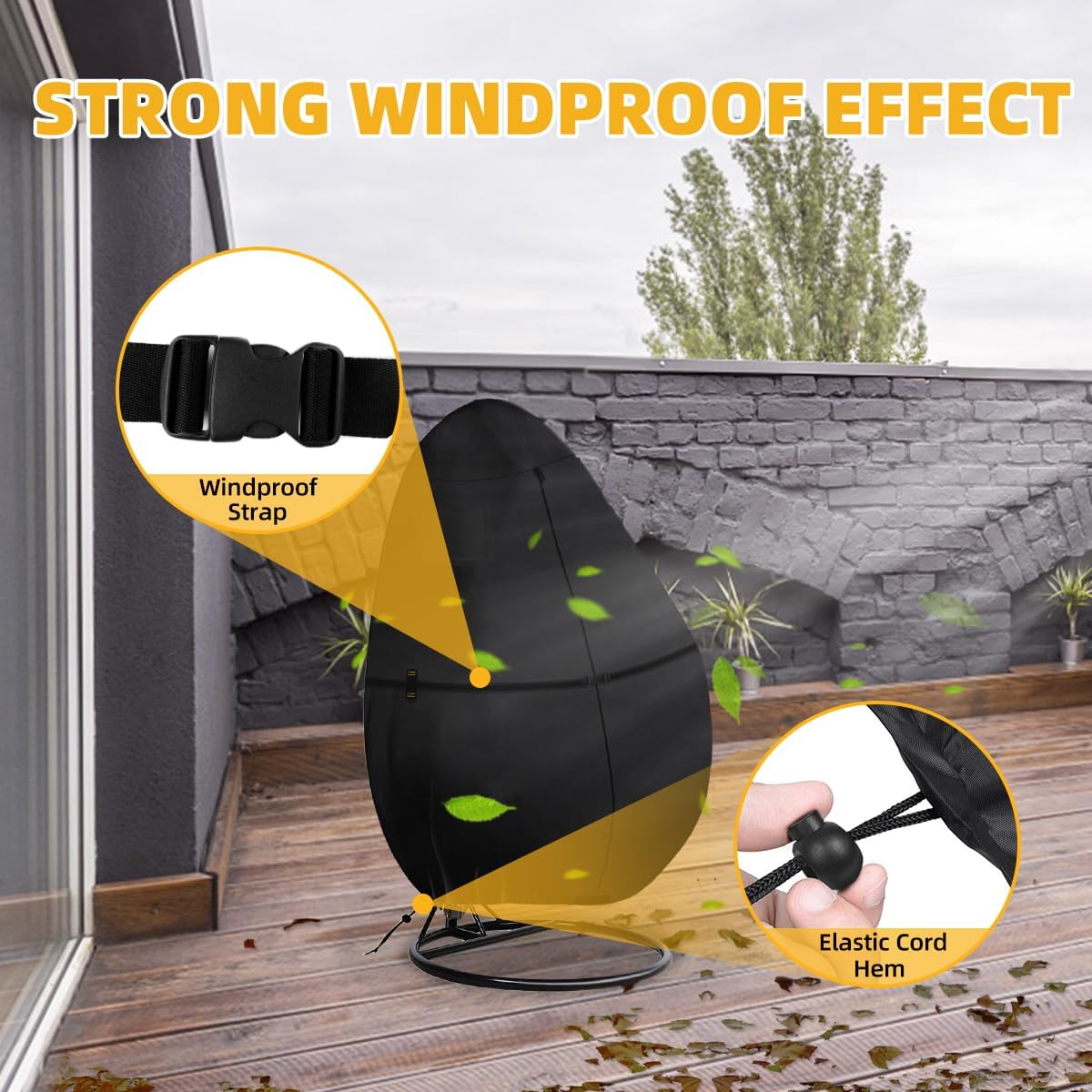 Outdoor Egg Chair Cover Waterproof with Zipper, UV Resistant & Windproof All-Weather Hanging Egg Chair Cover, Fade and Tear Resistant Hanging Chair Covers, 78" x 69", Black