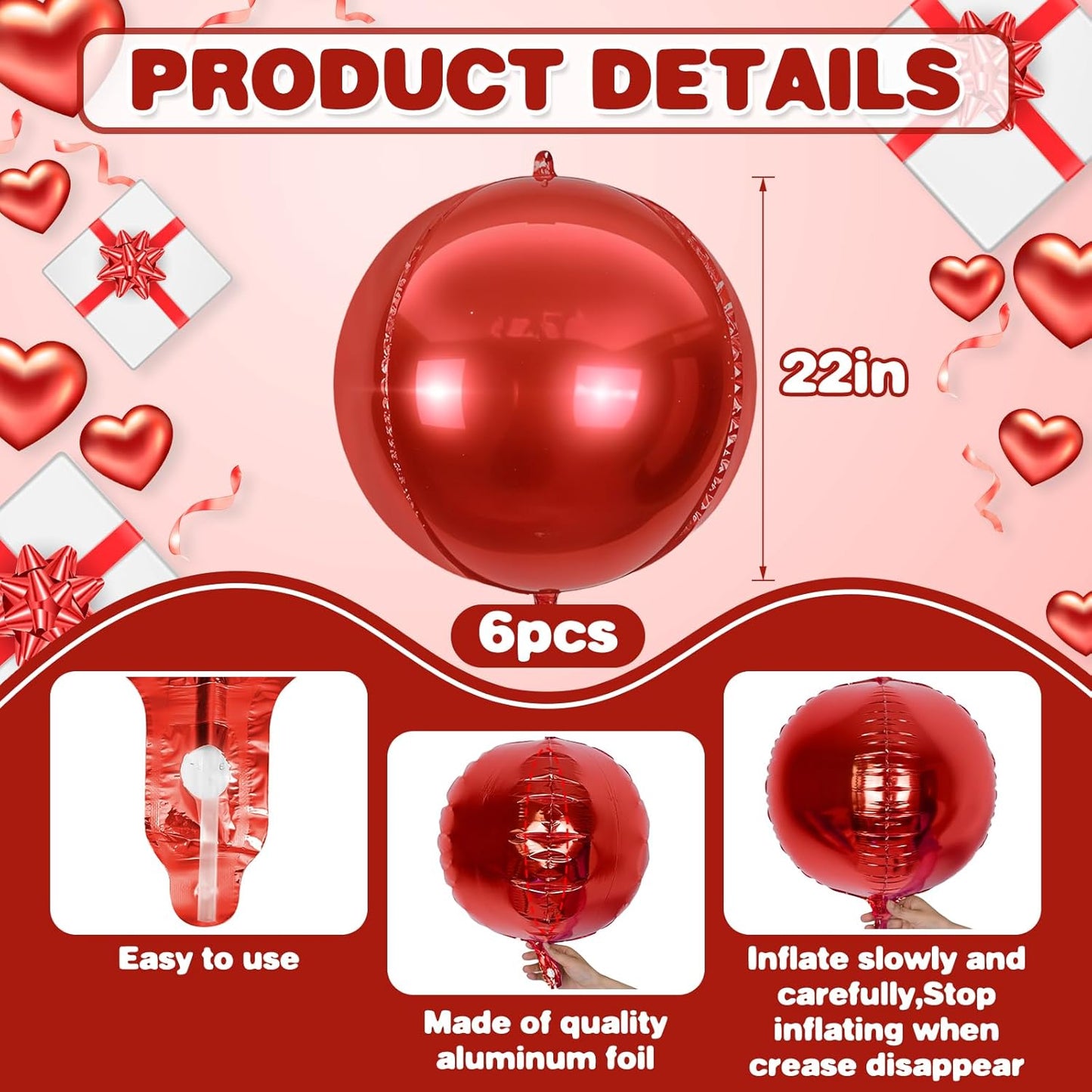 6Pcs Red Round Foil Balloons,Giant 4D Round Ball Balloons,22 Inch Metallic Red Balloon for Birthday Wedding Graduation Prom Party Decorations
