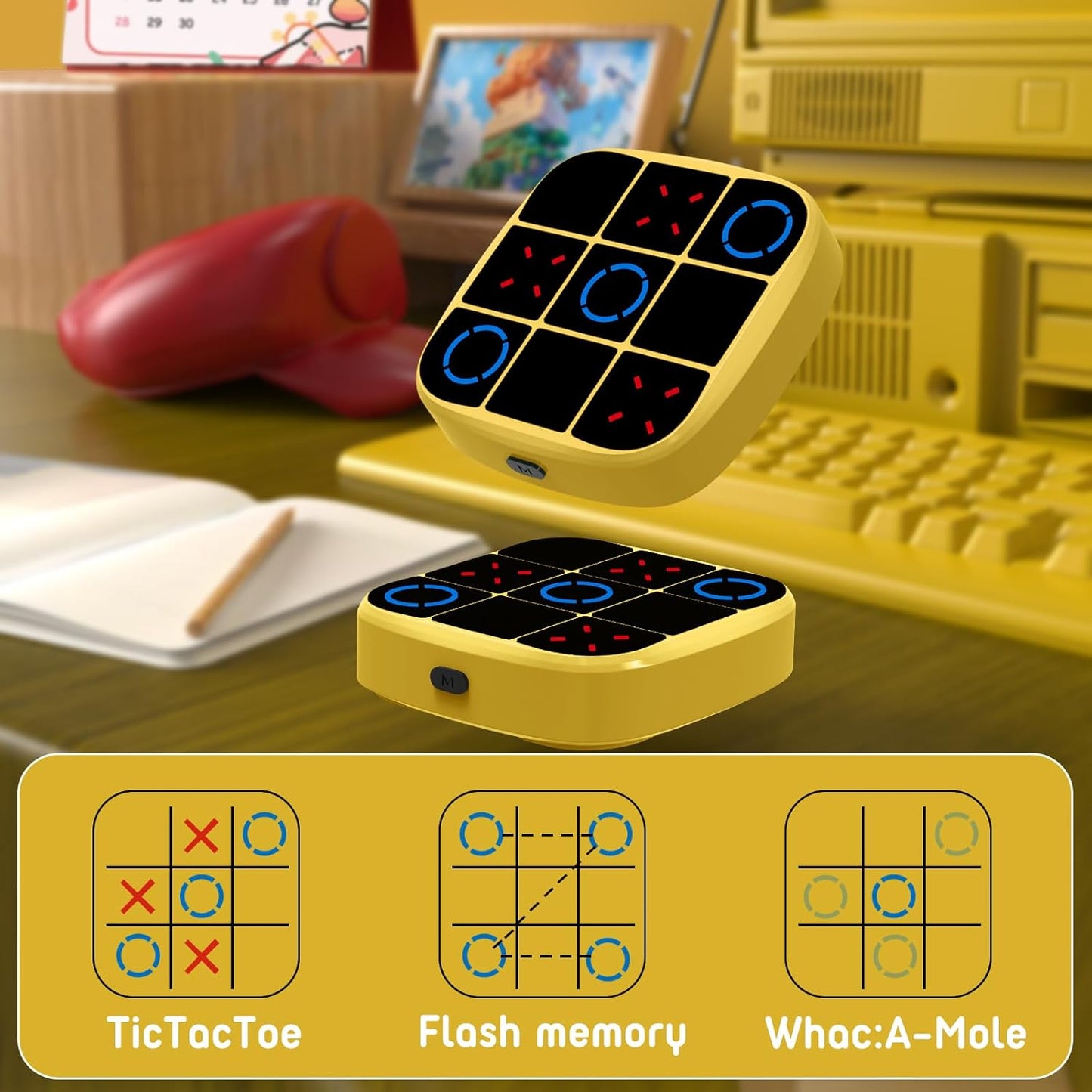 Tic-Tac-Toe Bolt Game, 4-in-1 Handheld Puzzle Games Console, Electronic Tic-Tac-Toe Game for Educational and Memory Growth, Portable Travel Games for Car Ride, Board Games for Kids and Adults (Yellow)