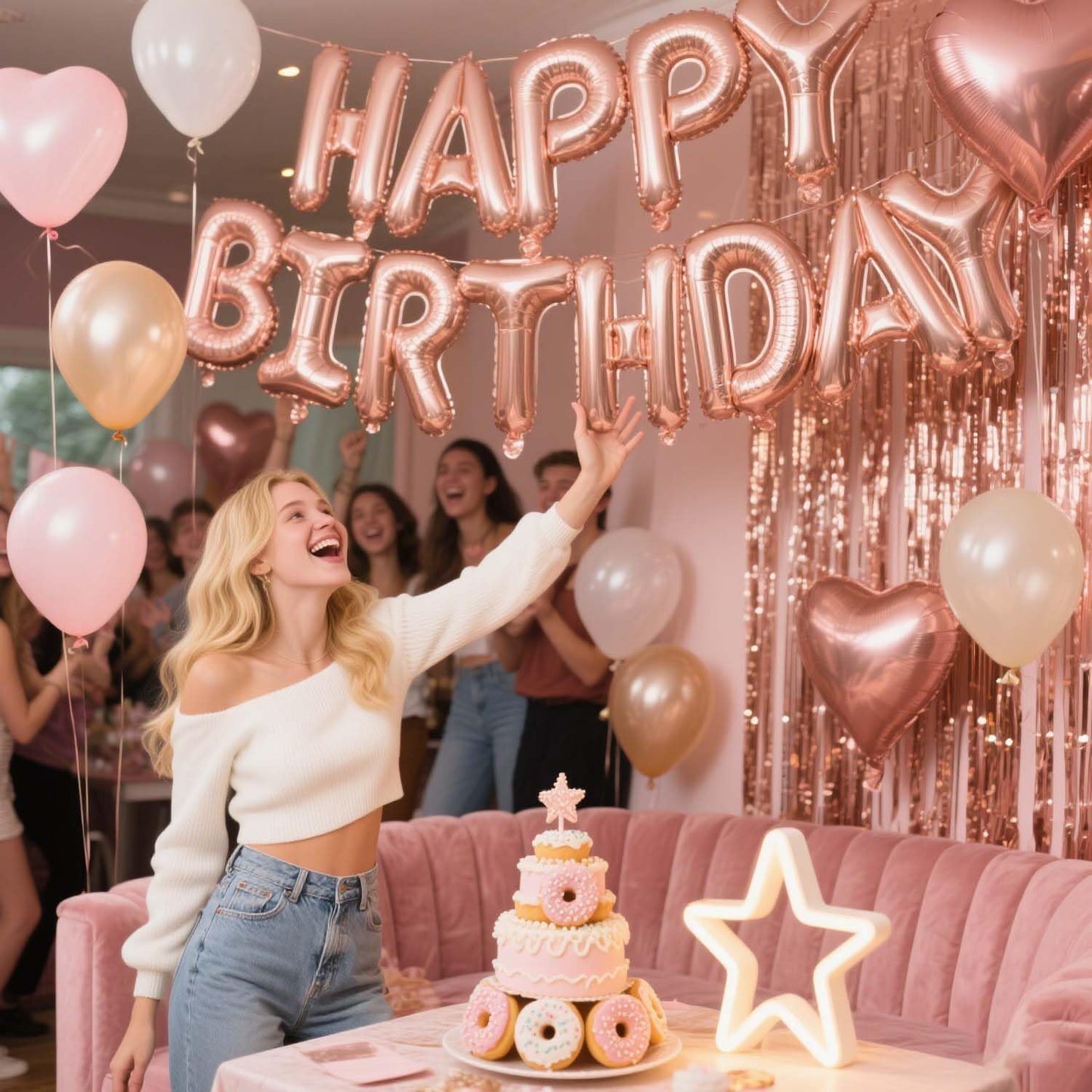 29 Pcs Rose Gold Birthday Party Decorations - Happy Birthday Balloons Banner, Heart & Star Foil Balloons, Confetti & Latex Balloons, Foil Fringe Curtains Party Supplies for Women, Girls