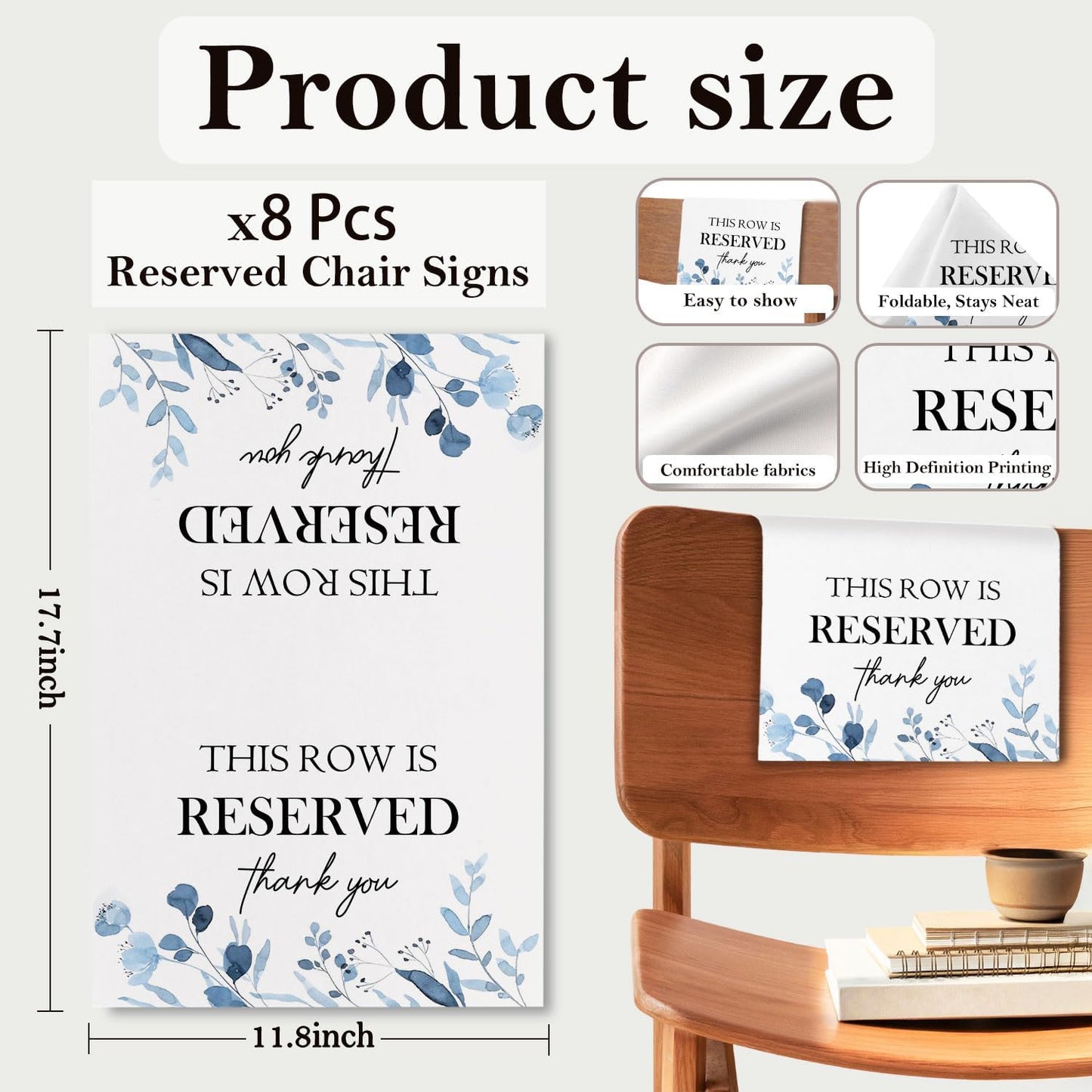 Reserved Seating Chair Signs, This Row Is Reserved Pew Cloths Seating Placeholder for Church Pews, Wedding Decorations for Reception Parties Celebrations Event Meetings (8 PCS, Dusty Blue)