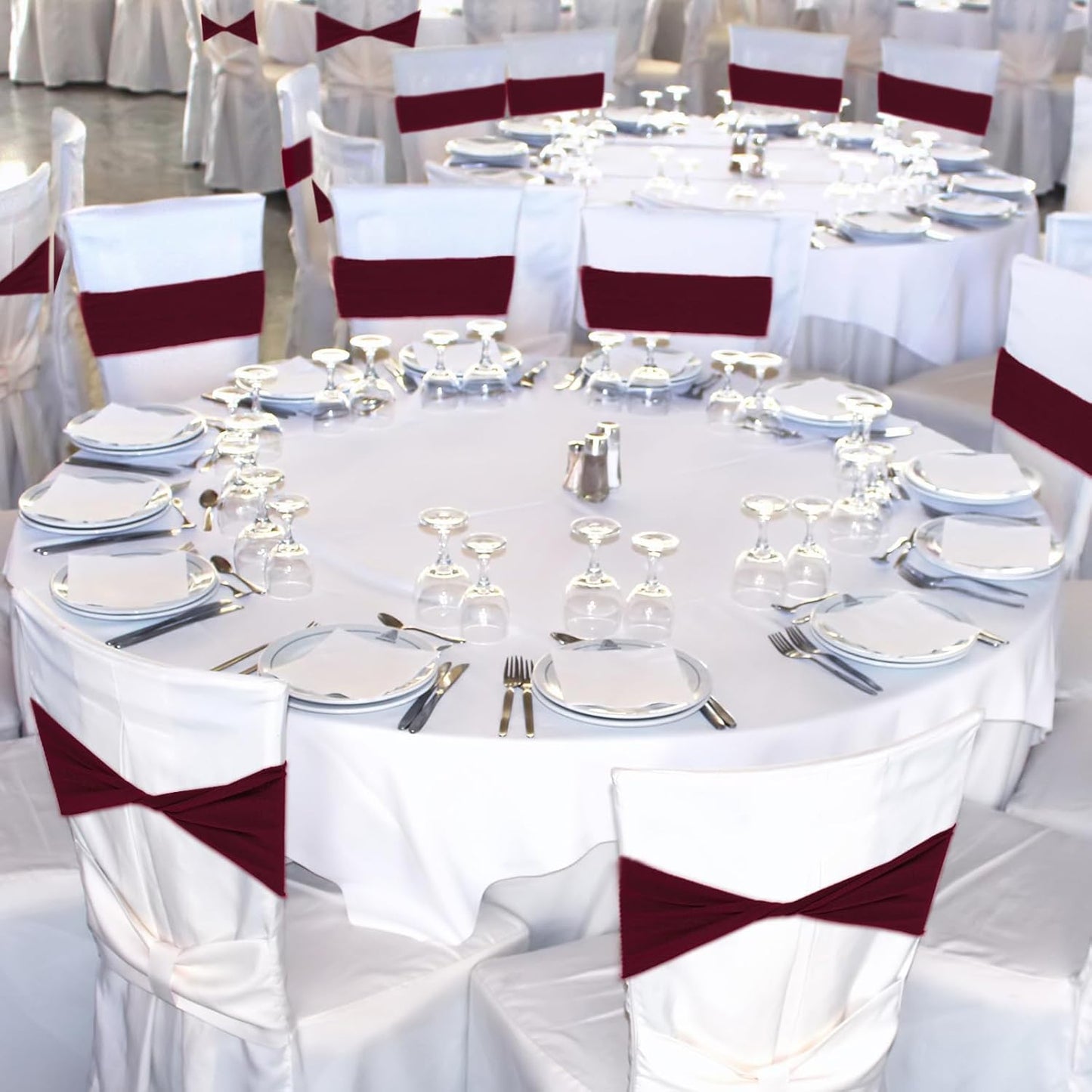 Kinlop 50 Pcs Spandex Chair Sashes Bows Chair Bands Slider Sashes for Covers Elastic Bands Ties Without Buckle Decorations for Wedding Party Events Ceremony Birthday(Burgundy)