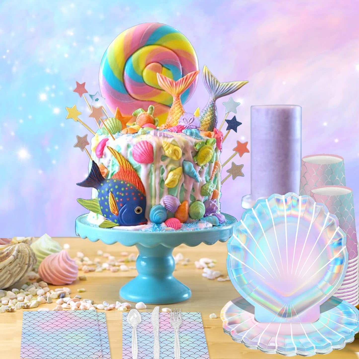 QIYANPAX 144 Pcs Mermaid Party Supplies Mermaid Birthday Decorations Includes Plates Napkins Cups