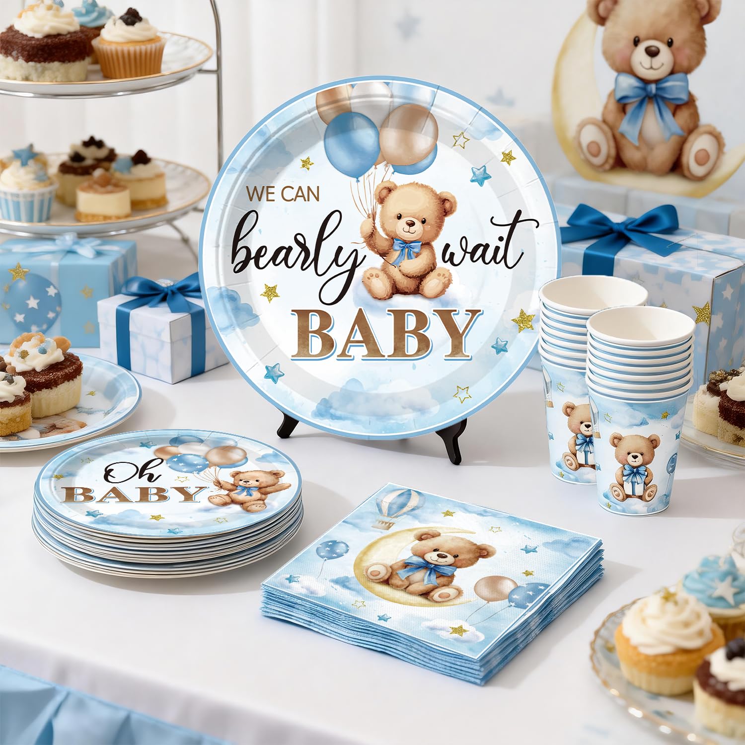 213Pcs cocomigo Blue Baby Boy Shower Decorations Tableware Set, 25 Serves