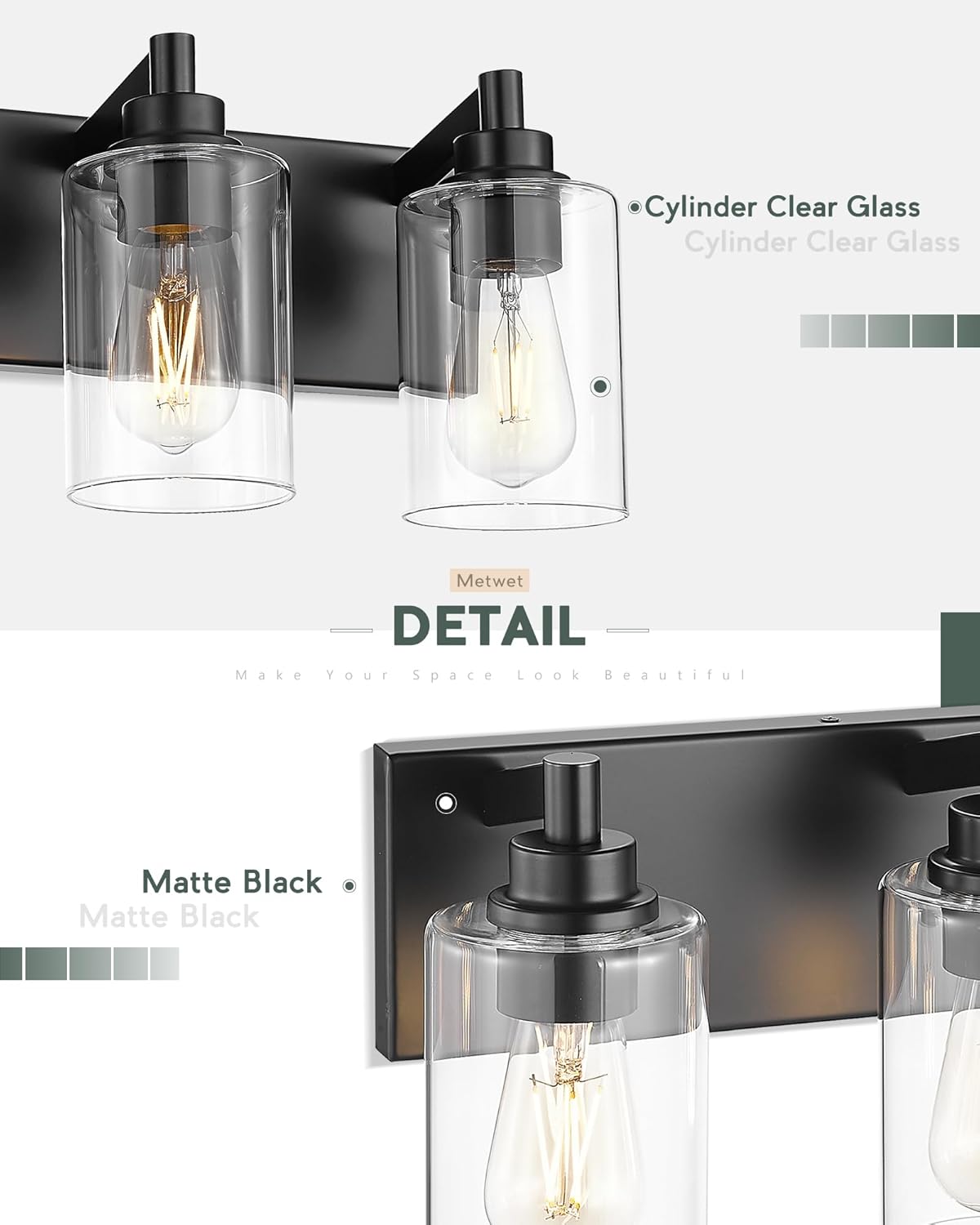 5-Light Bathroom Light Fixtures, 30 Inch Black Vanity Light with Cylinder Clear Glass Shade, Modern Vanity Lighting Fixtures Over Mirror, VL143-MB-5