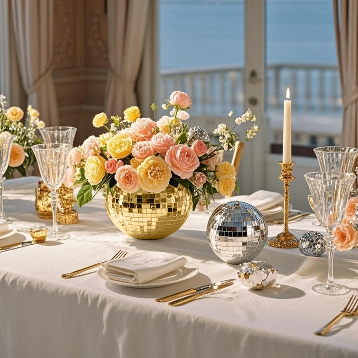 6 Pcs Disco Ball Vase,5" X 6" Disco Ball Centerpieces,Glass Disco Ball Planter Mirror Disco Ball Decor Can Be Used for Wedding Centerpieces,Birthday,Office(Gold)