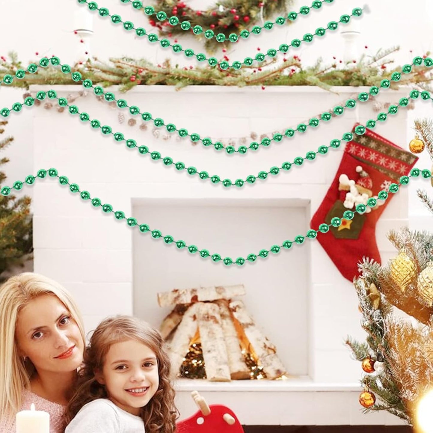 Faux Pearl Bead Garland - 10mm Christmas Tree Beads 11 Yards Green Pearl Strands Spool Roll for Wedding Party Christmas Tree Decoration