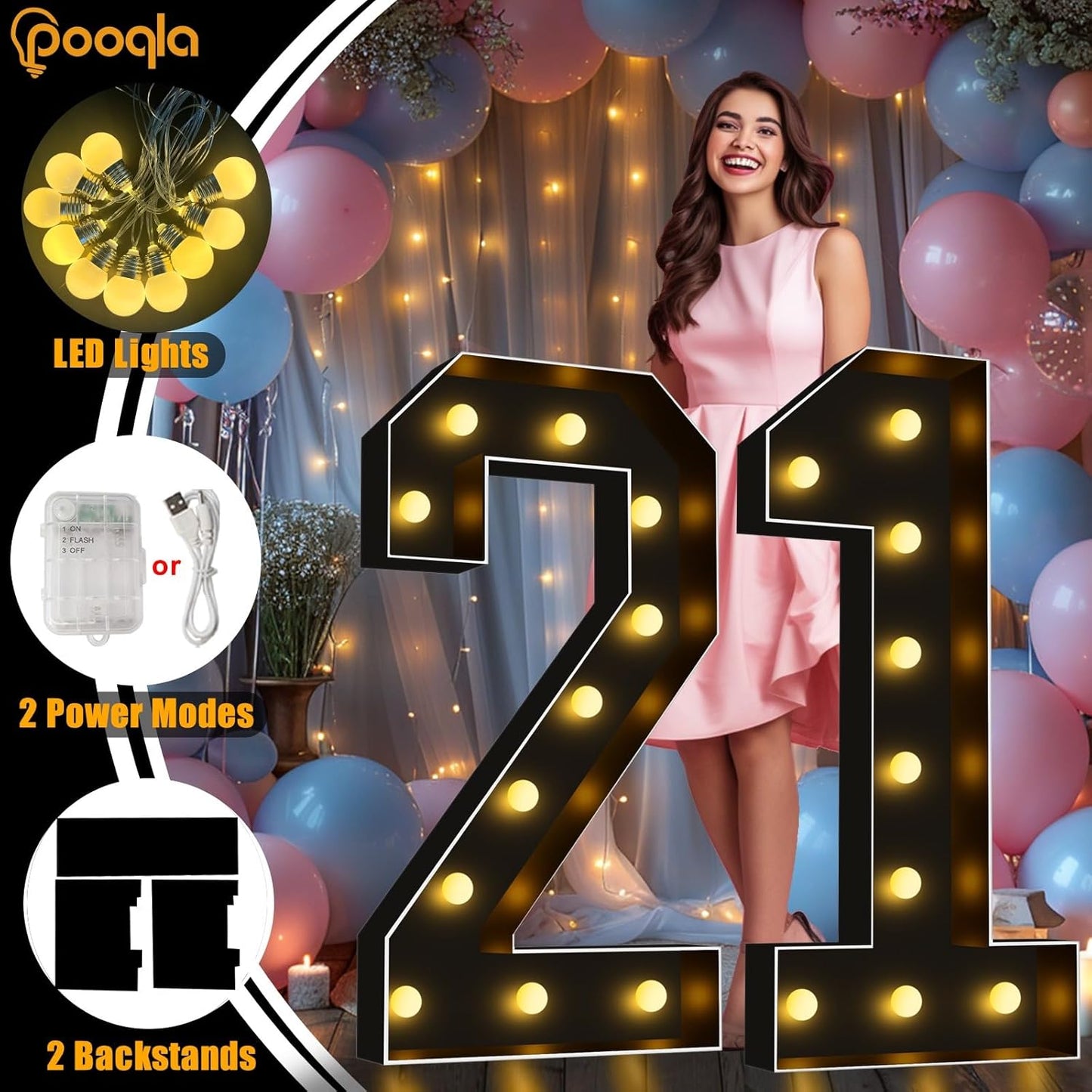 Pooqla 4 FT Light Up Marquee Numbers, Black Marquee Number Lights 4 Feet Tall for 8th 18th 80th Birthday, Giant Letter Big Mosaic Numbers for Balloons Party Anniversary Wedding Decorations, Number 8